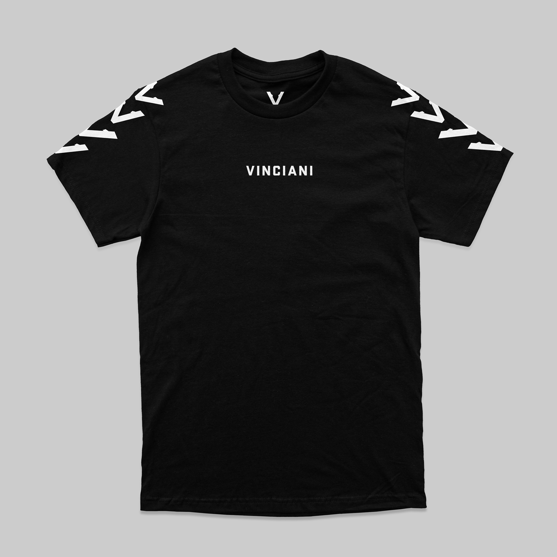 Vinciani black t-shirt featuring central word mark logo and signature V Ascension Stripe sleeve design, representing strength, discipline and forward progression.