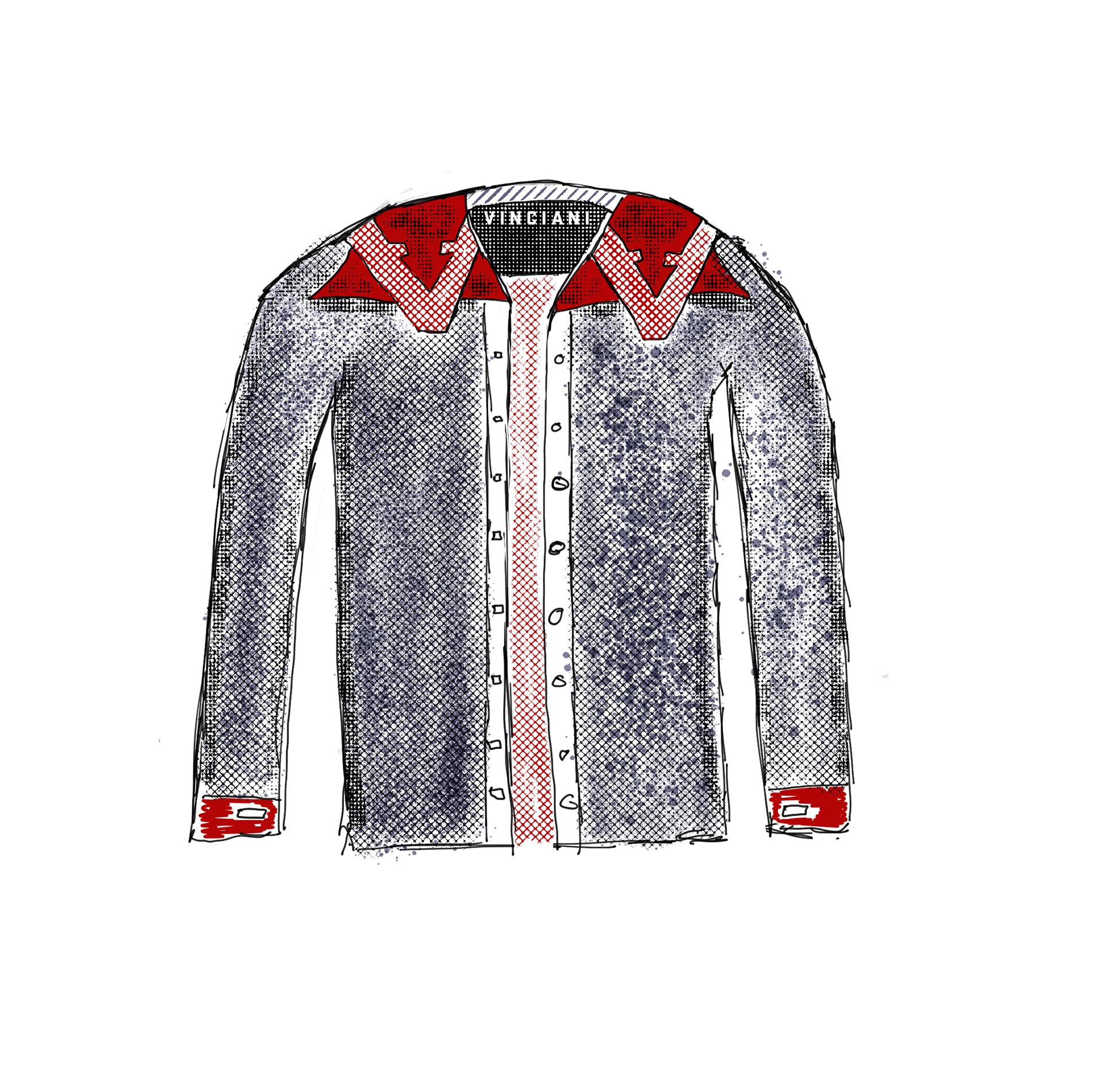 Luxury grey Vinciani long sleeve shirt concept featuring stitched V collar details, textured fabric, red inner collar and cuffs, vertical placket accent, and premium contemporary fashion design sketch.