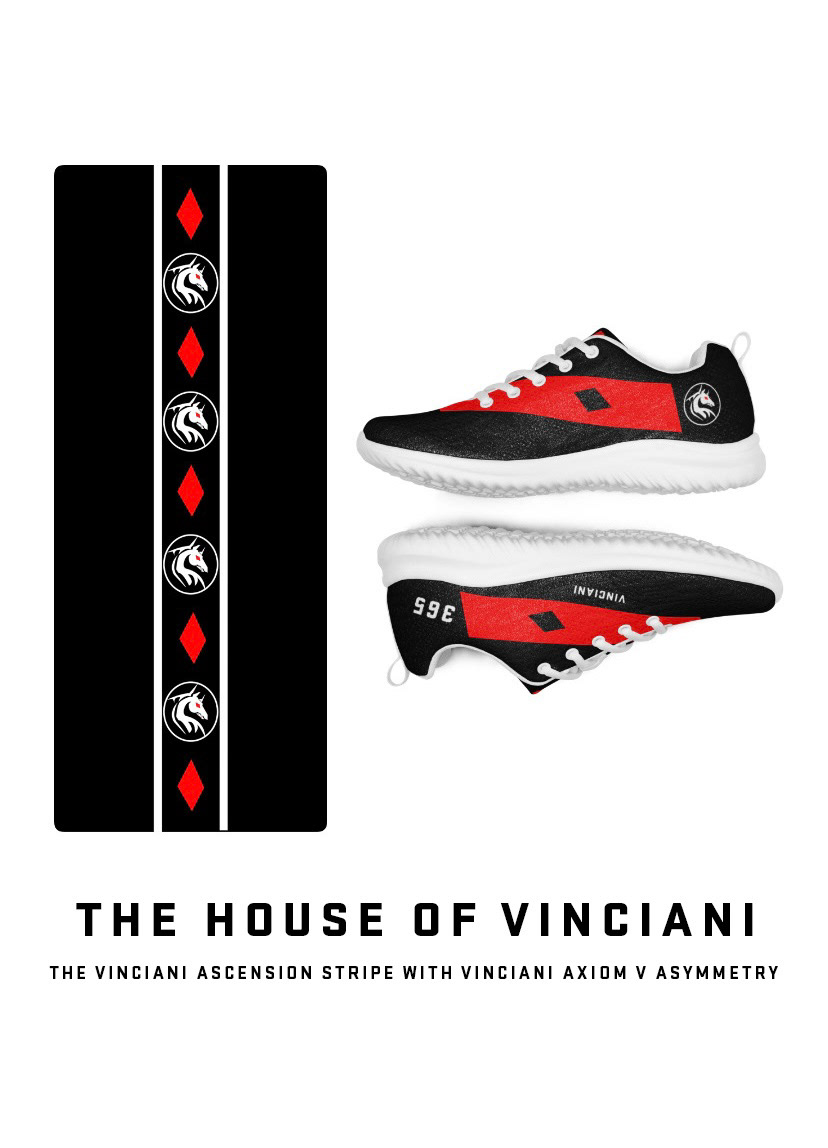 A promotional graphic featuring the black and red Vinciani Axiom V Asymmetry sneakers alongside the vertical Ascension Stripe pattern.