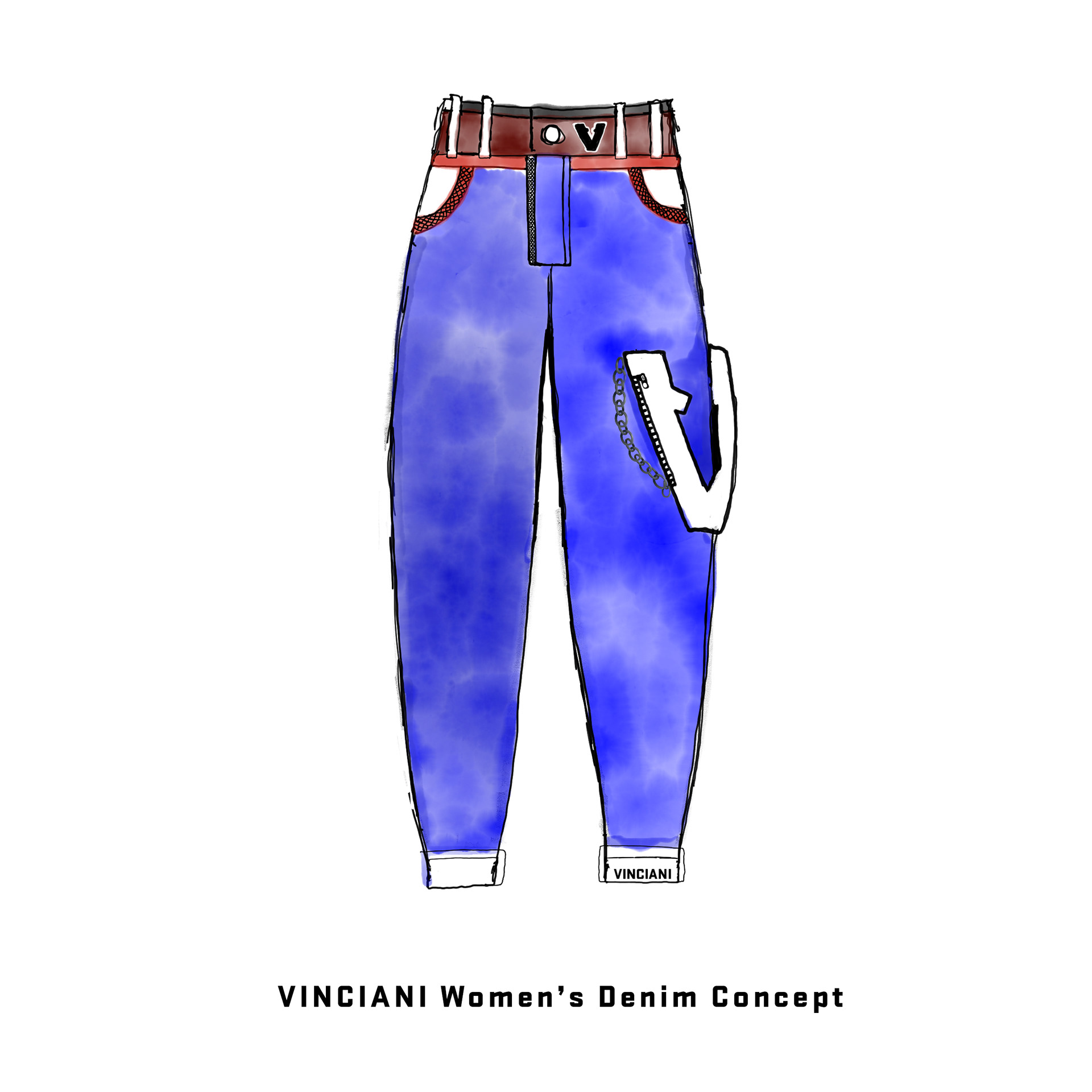 Vinciani women’s blue denim jeans concept with a high waist, tapered fit, cloudy wash, chain detail and integrated V-shaped zip utility pocket.