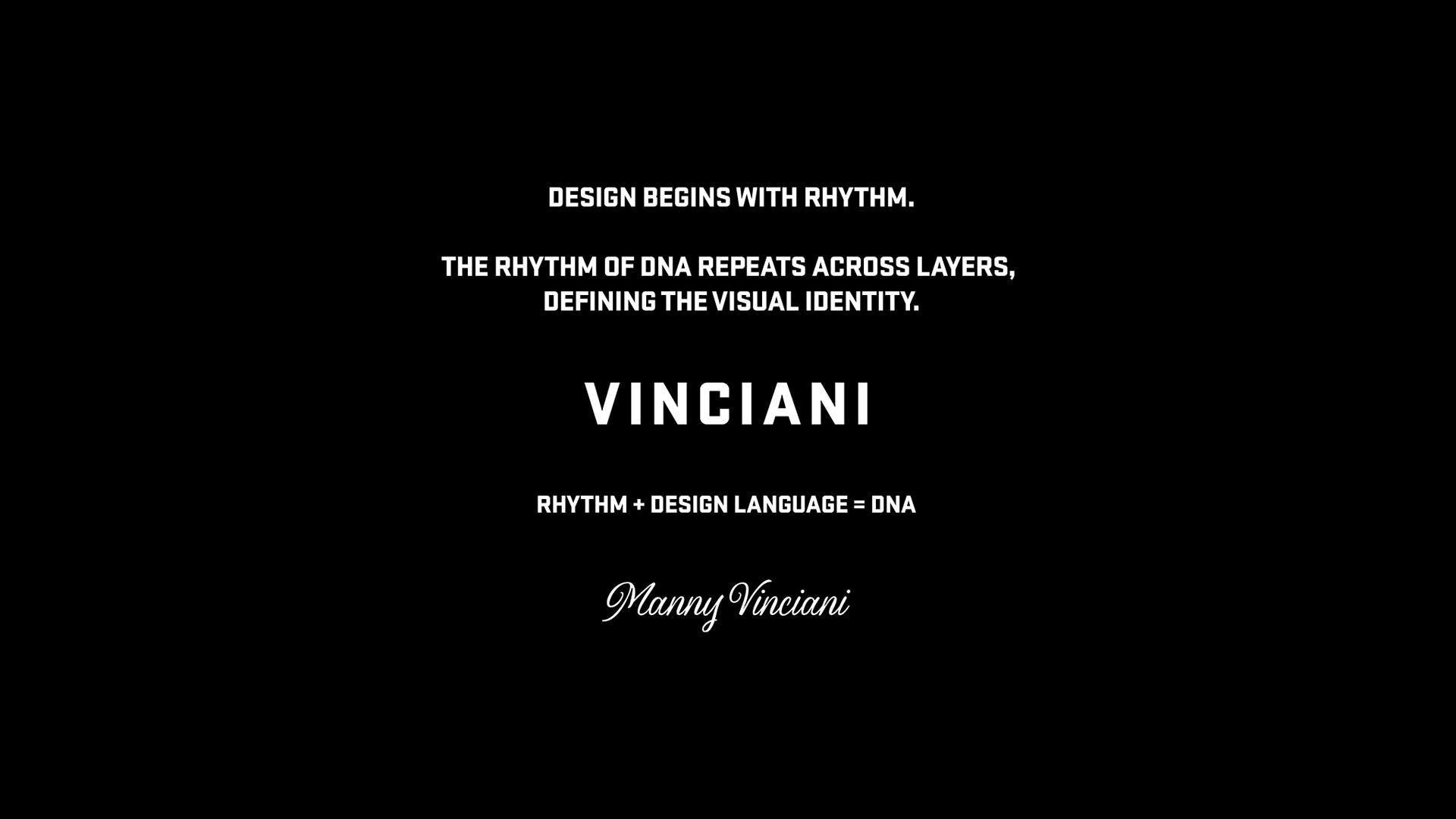 VINCIANI design philosophy graphic stating “Design Begins With Rhythm,” with the rhythm of DNA repeating across layers to define the visual identity, alongside “Rhythm + Design Language = DNA” and the Manny Vinciani signature.