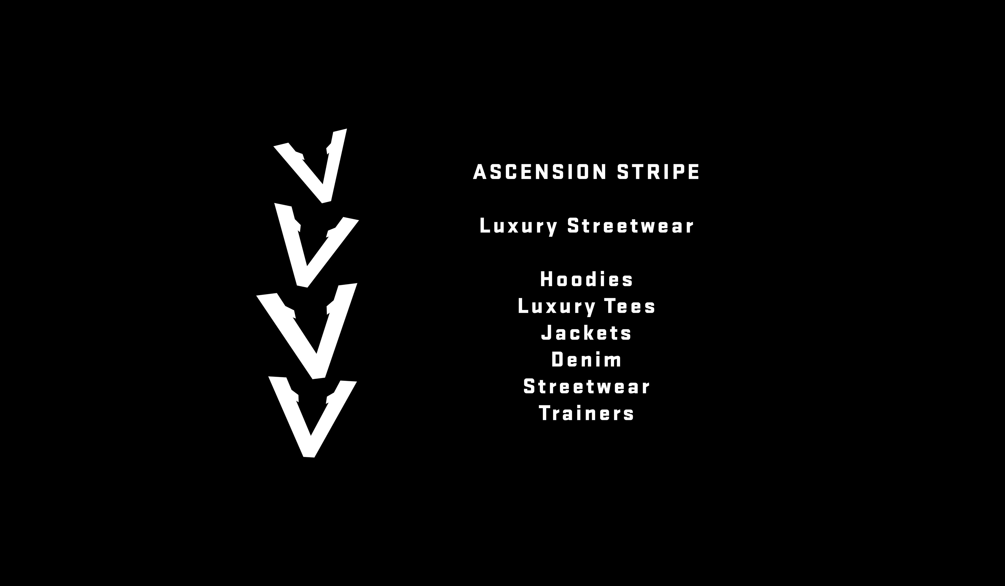 Vinciani Ascension Stripe luxury streetwear identity featuring the signature four-V stripe design, representing premium hoodies, luxury T-shirts, jackets, denim, trainers, and contemporary streetwear within the House of Vinciani brand architecture.