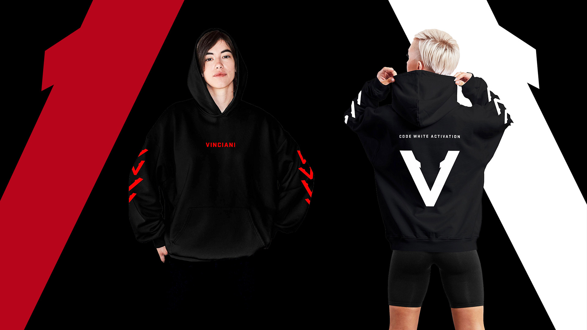 Vinciani hoodie campaign featuring front and back views with red and white graphic and V-Mark branding.