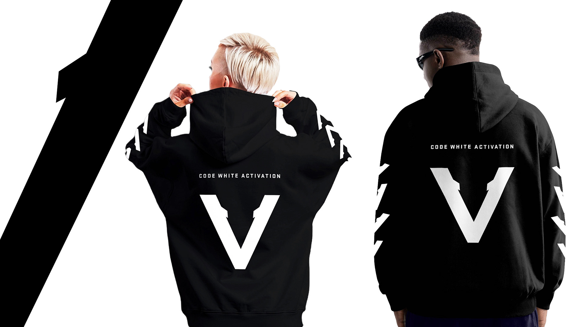 Vinciani Code White hoodie back view featuring oversized white V Mark and 'Code White Activation' text, premium minimalist streetwear.