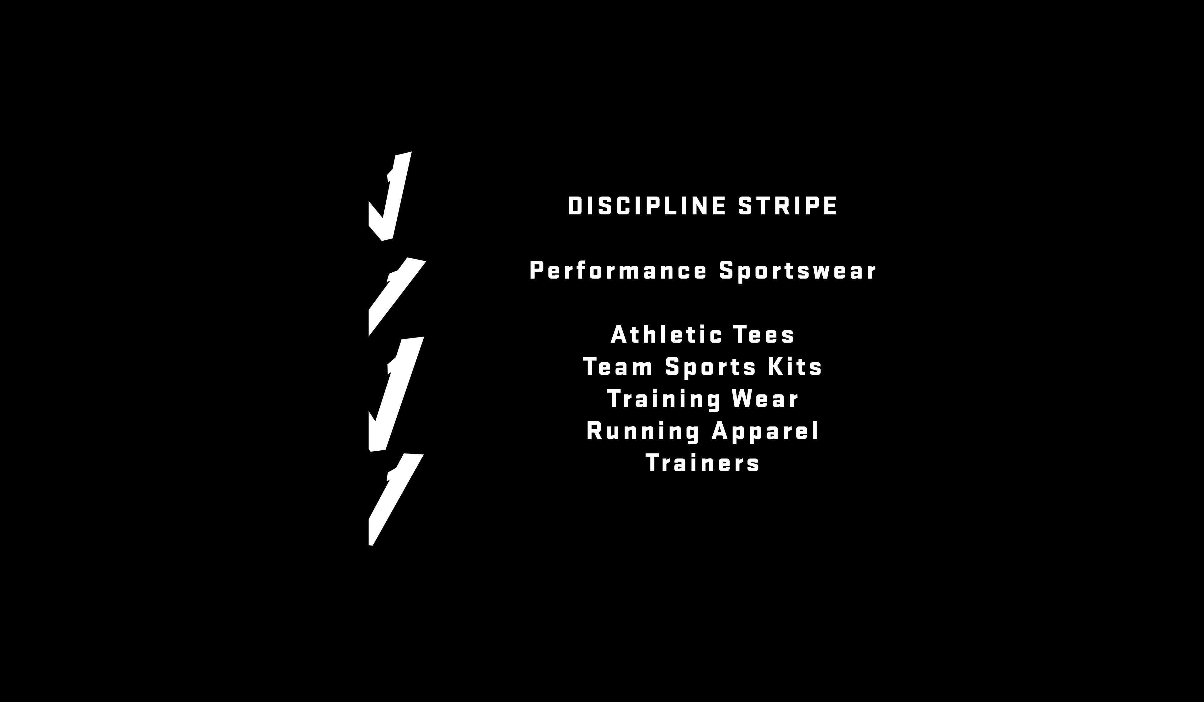 Vinciani Discipline Stripe performance sportswear identity featuring the signature four-segment stripe design, showcasing premium athletic T-shirts, team sports kits, training wear, running apparel, trainers, and the House of Vinciani performance collection.