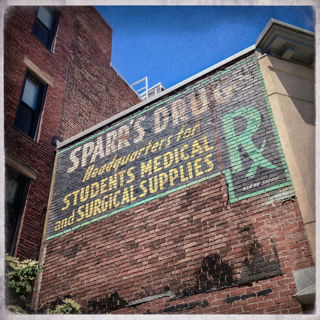 90. Sparrs Drug Rx Sign ••• For decades Arthur Sparr owned and operated this drug store/medical supply shop/luncheonette around the corner from Boston's famous hospitals in the Longwood medical area. It was one of the few places on earth where you could shop for a stethoscope while waiting for your turkey club. He closed the business in 2002 and the building was eventually sold to Harvard Medical School. Luckily this high-quality ghost sign remains. (#90 of 100 in the Boston Signage Project)