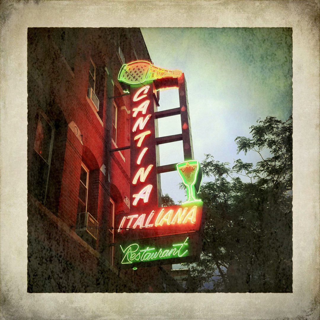 40. Cantina Italiana Sign ••• The oldest restaurant in the North End, Cantina Italiana has been serving great food on Hanover Street since 1931. But the best part may be their classic brightly lit sign, which drips animated wine down into a neon glass.  (#40 of 100 in the Boston Signage Project)