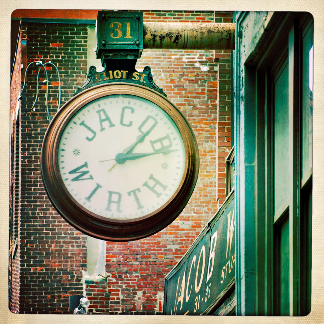 42. Jacob Wirth Sign ••• Located in the heart of the theater district, Jacob Wirth is a historic German-American restaurant and bar. Built in 1868, it’s the 2nd oldest operating restaurant in the city, and one of the few to have a working timepiece as part of the front signage. (#42 of 100 in the Boston Signage Project) ••• 2023 Update: Jacob Wirth shuttered in 2018, but the clock sign is still there.