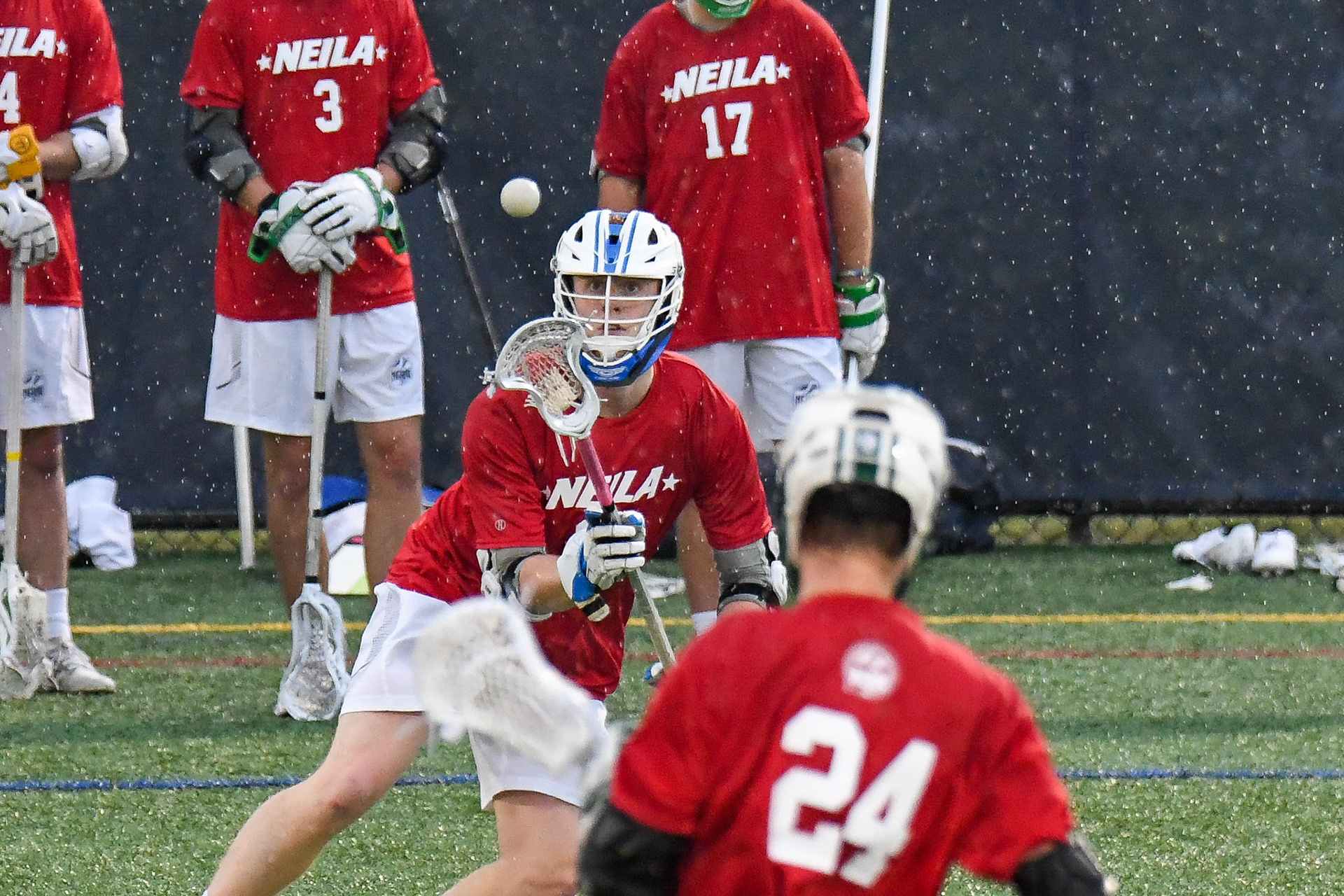 BRISTOL, RI - JUNE 4, 2021: Troy Sliney and Neal Canastra of Wheaton College Lacrosse play in the The New England Intercollegiate Lacrosse Association (NEILA) Senior All-Star Game at Roger Williams University (Photo by Keith Sliney).