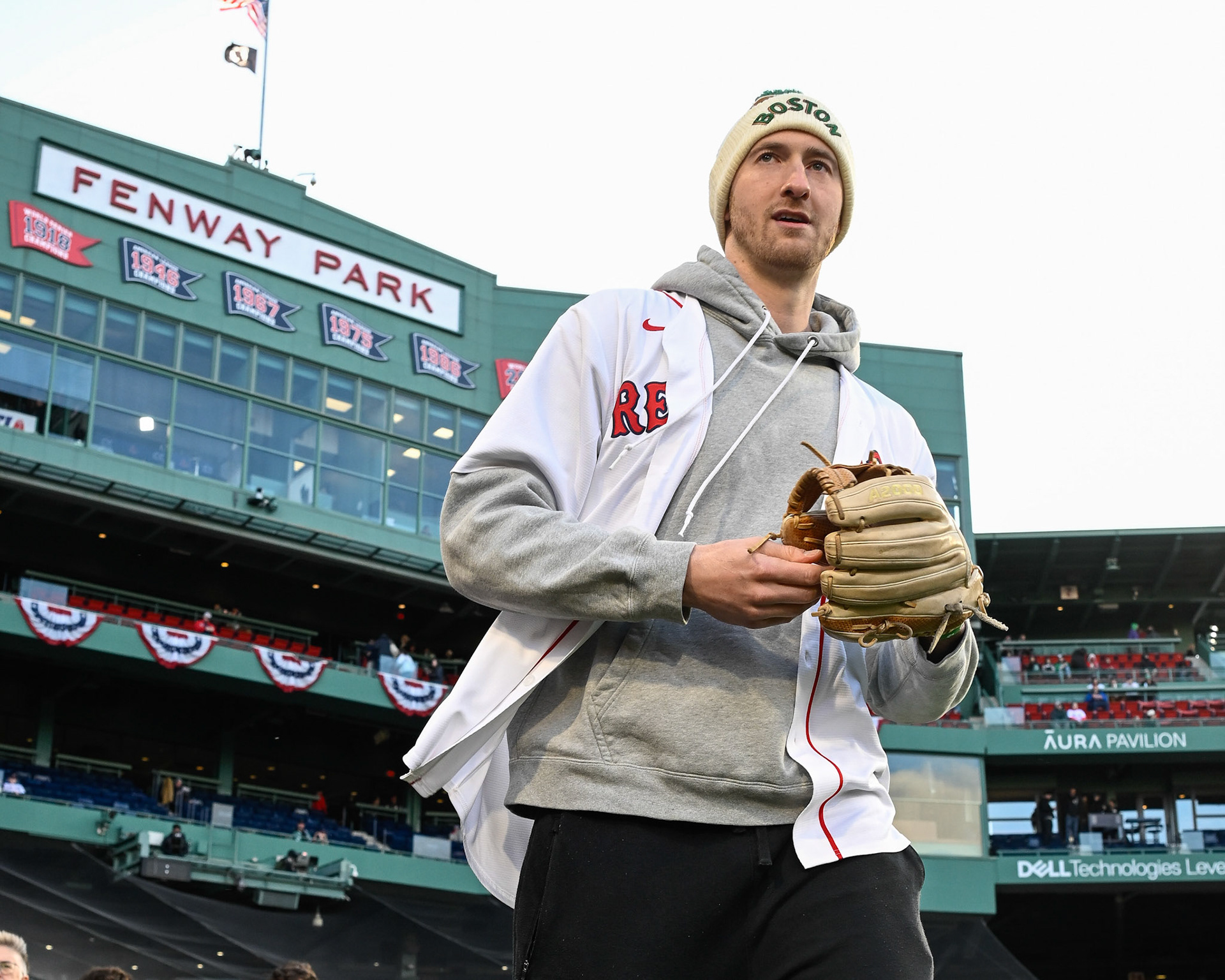 BOSTON, MA - APRIL 6, 2026: Boston Celtics players Derrick White, Sam Hauser, Baylor Scheierman and Ron Harper Jr. throw out the first pitch in a Red Sox game at Fenway Park (Photo by Keith Sliney).