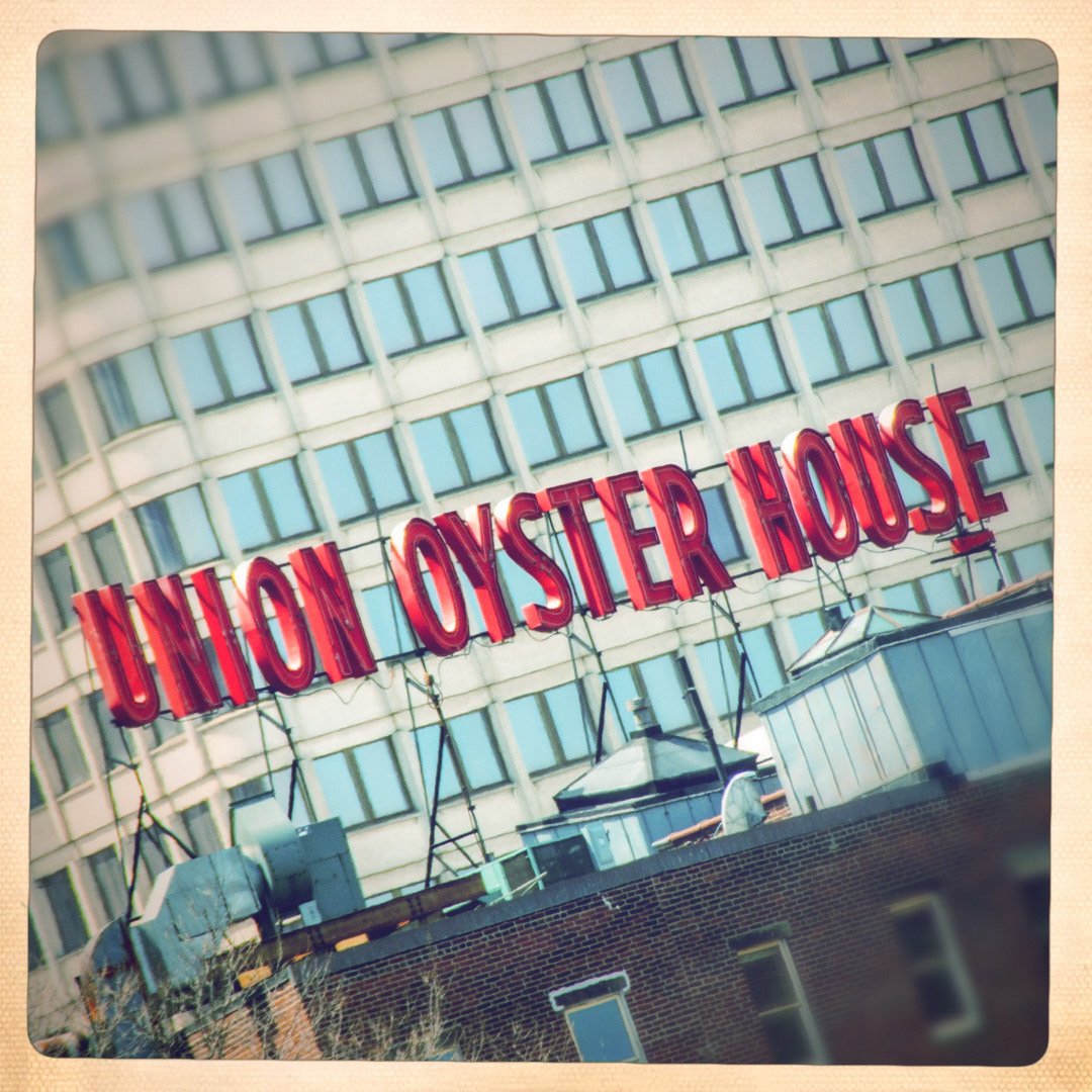 5. Union Oyster House Sign ••• Ye Olde Union Oyster House is the oldest restaurant in the U.S. and famous for their great seafood and cool horseshoe-shaped oyster bar. I love how if you look at the building from the front, this sign reads backward. My guess is they probably wanted the sign to face the old Rt 93 highway, which ran behind building until about 8 years ago when the Big Dig put 93 underground. (#5 of 100 in the Boston Signage Project)