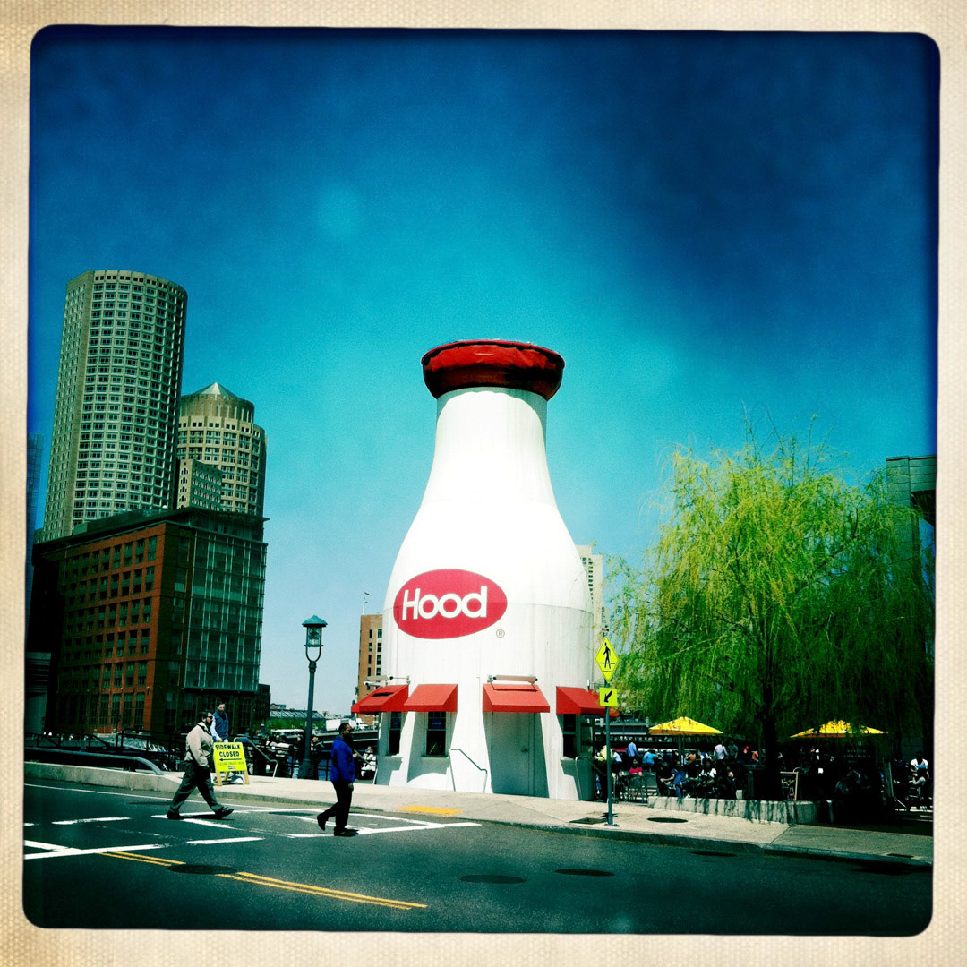 14. Hood Milk Sign ••• In front of Boston Children’s Museum sits the iconic 40-foot tall Hood Milk Bottle - an ice cream stand and snack bar that has been here since 1977. It was originally built in 1933 by Arthur Gagner, who used it to sell ice cream next to his store in Taunton, Mass. It eventually was abandoned and later bought by Hood and given to the Children’s museum. If it were a real milk bottle, it would hold 58,620 gallons of milk. (#14 of 100 in the Boston Signage Project)