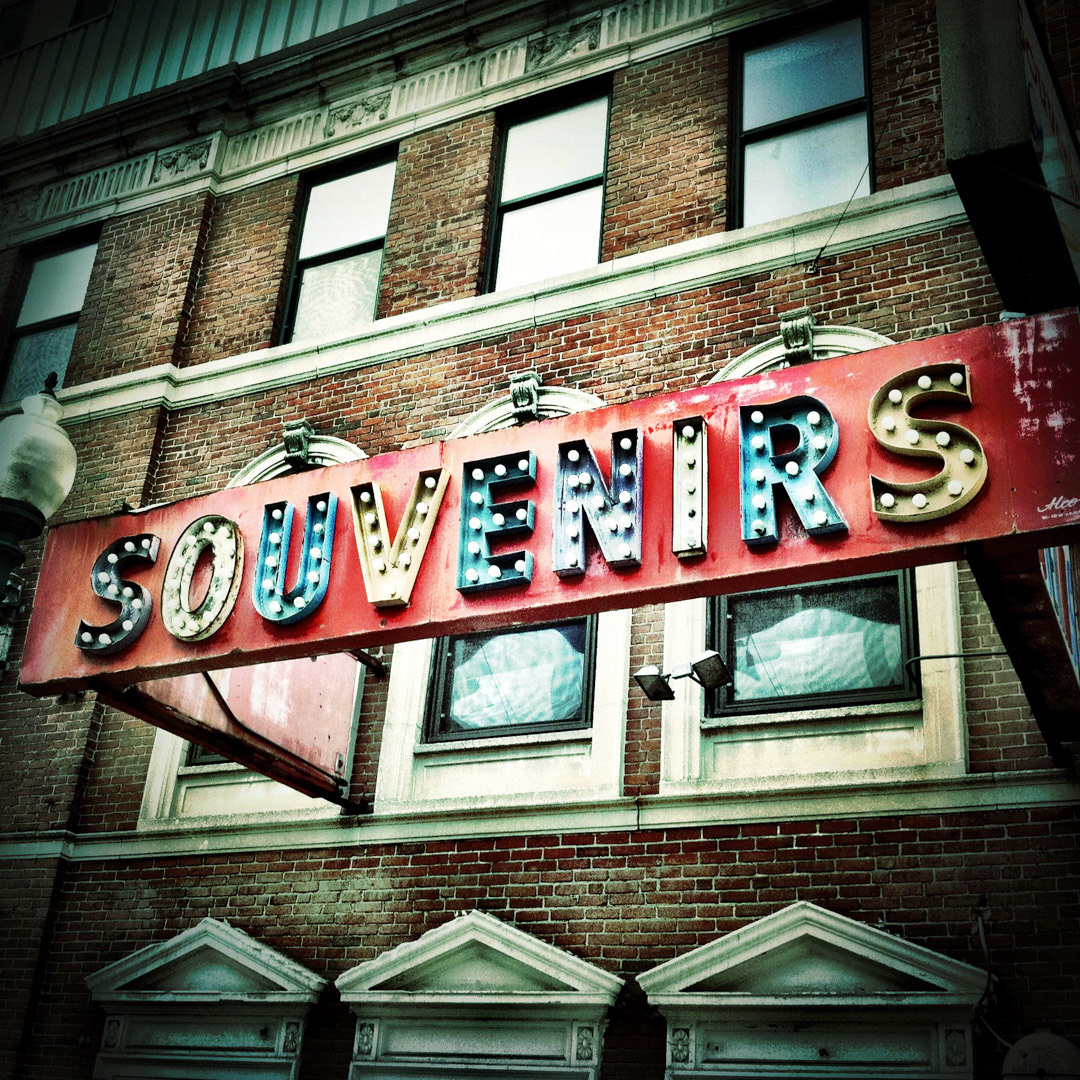 29. Souvenirs Store Sign ••• Just one of the many souvenir shops around Fenway, although this long-in-the-tooth sign takes top honors for its color, vintage bulbs, and overall general disrepair. And bonus points for the Futura Bold Condensed. (#29 of 100 in the Boston Signage Project)