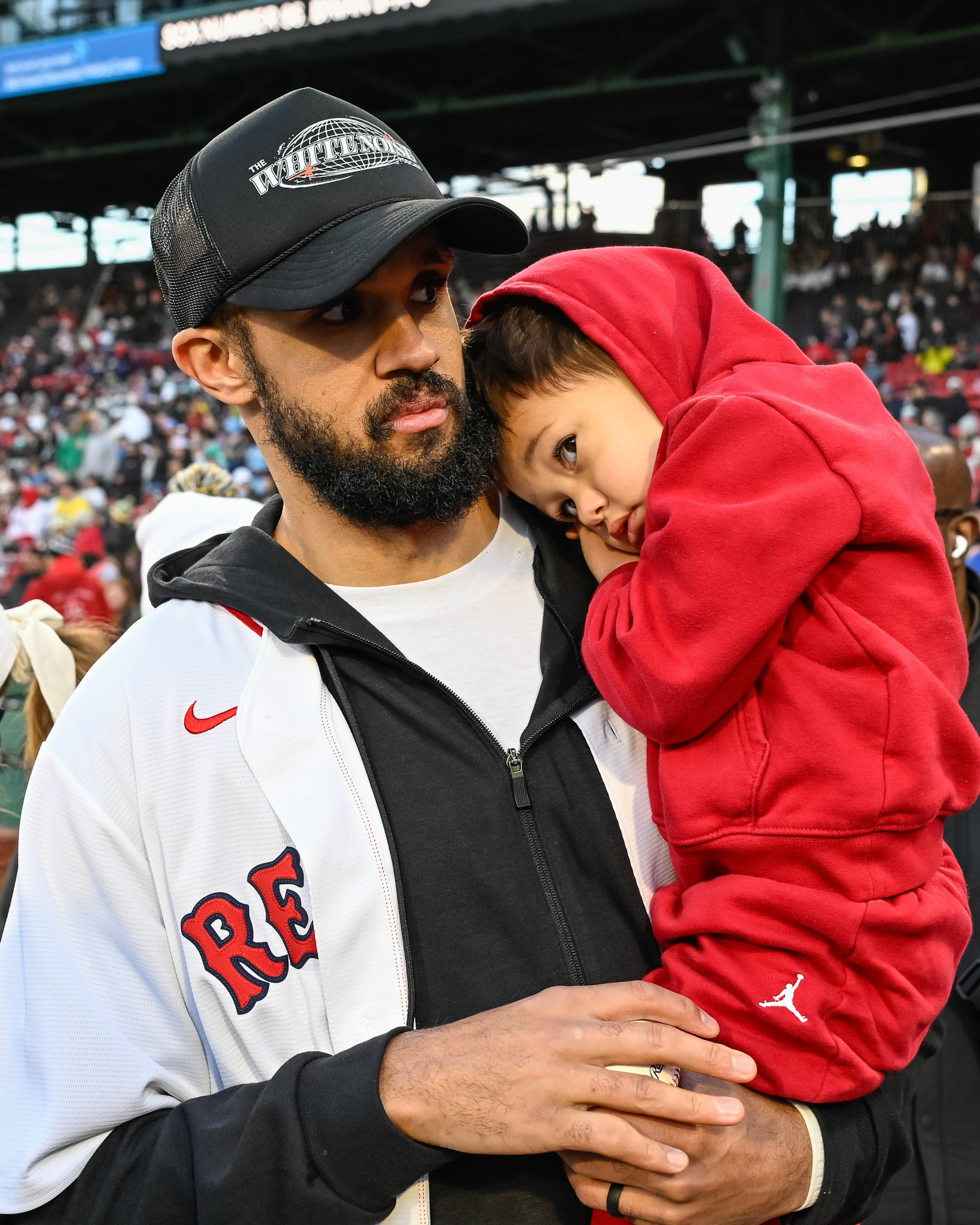 BOSTON, MA - APRIL 6, 2026: Boston Celtics players Derrick White, Sam Hauser, Baylor Scheierman and Ron Harper Jr. throw out the first pitch in a Red Sox game at Fenway Park (Photo by Keith Sliney).