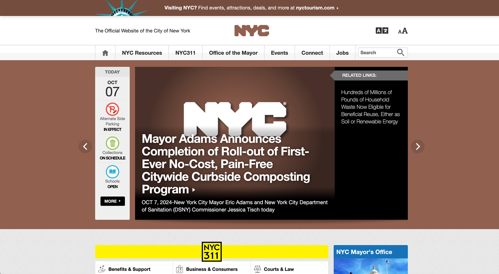 NYC's website homepage