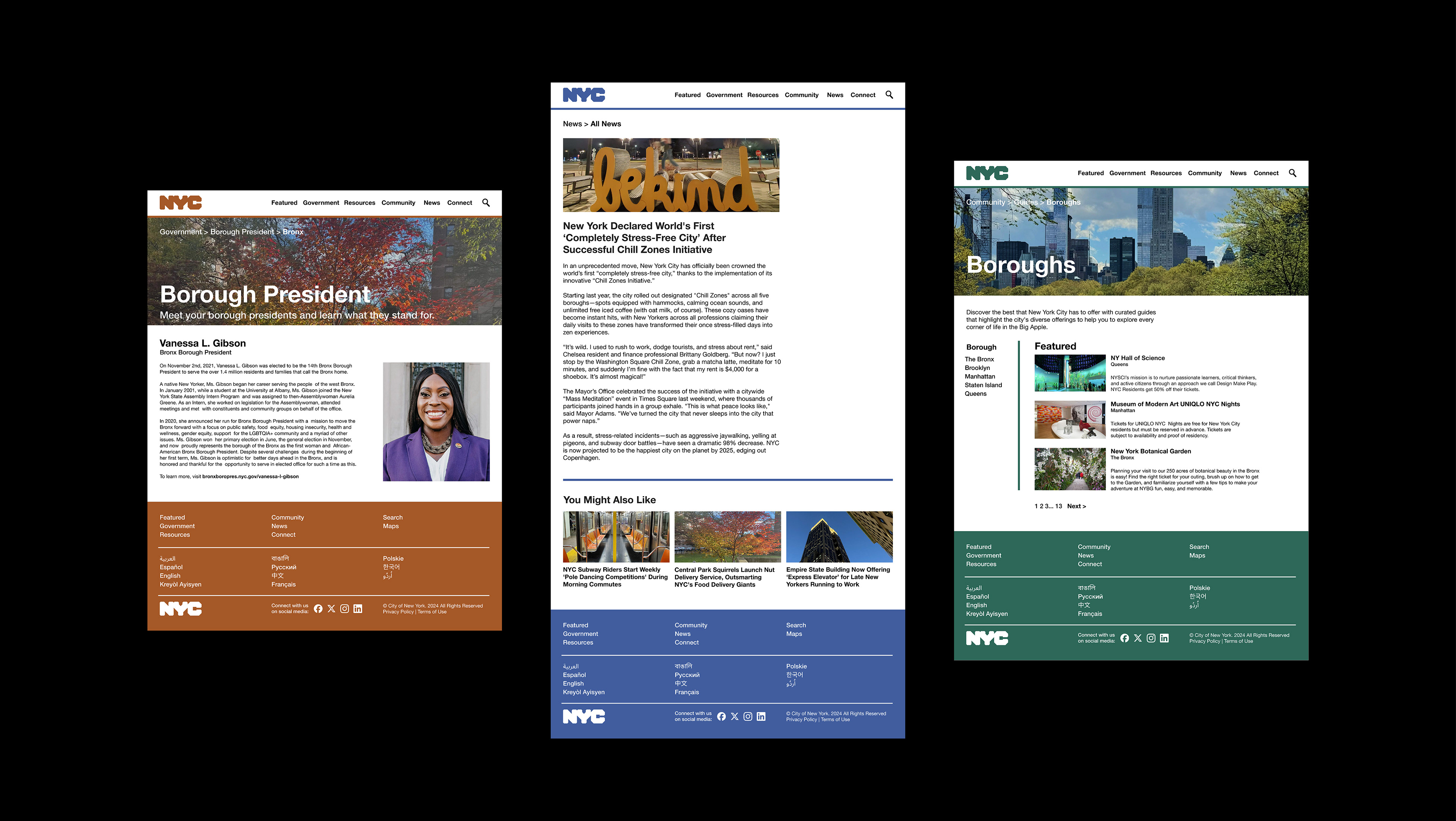 Bronx Borough President, a News article, and the Boroughs Guide webpages