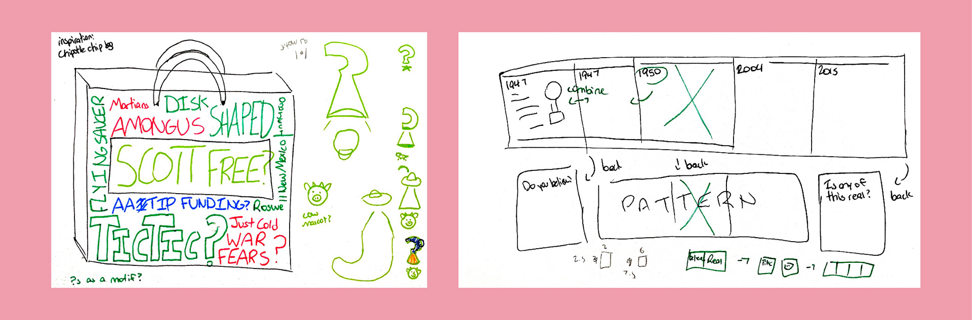 Sketches for a preliminary shopping bag (right) and the accordion book (left)