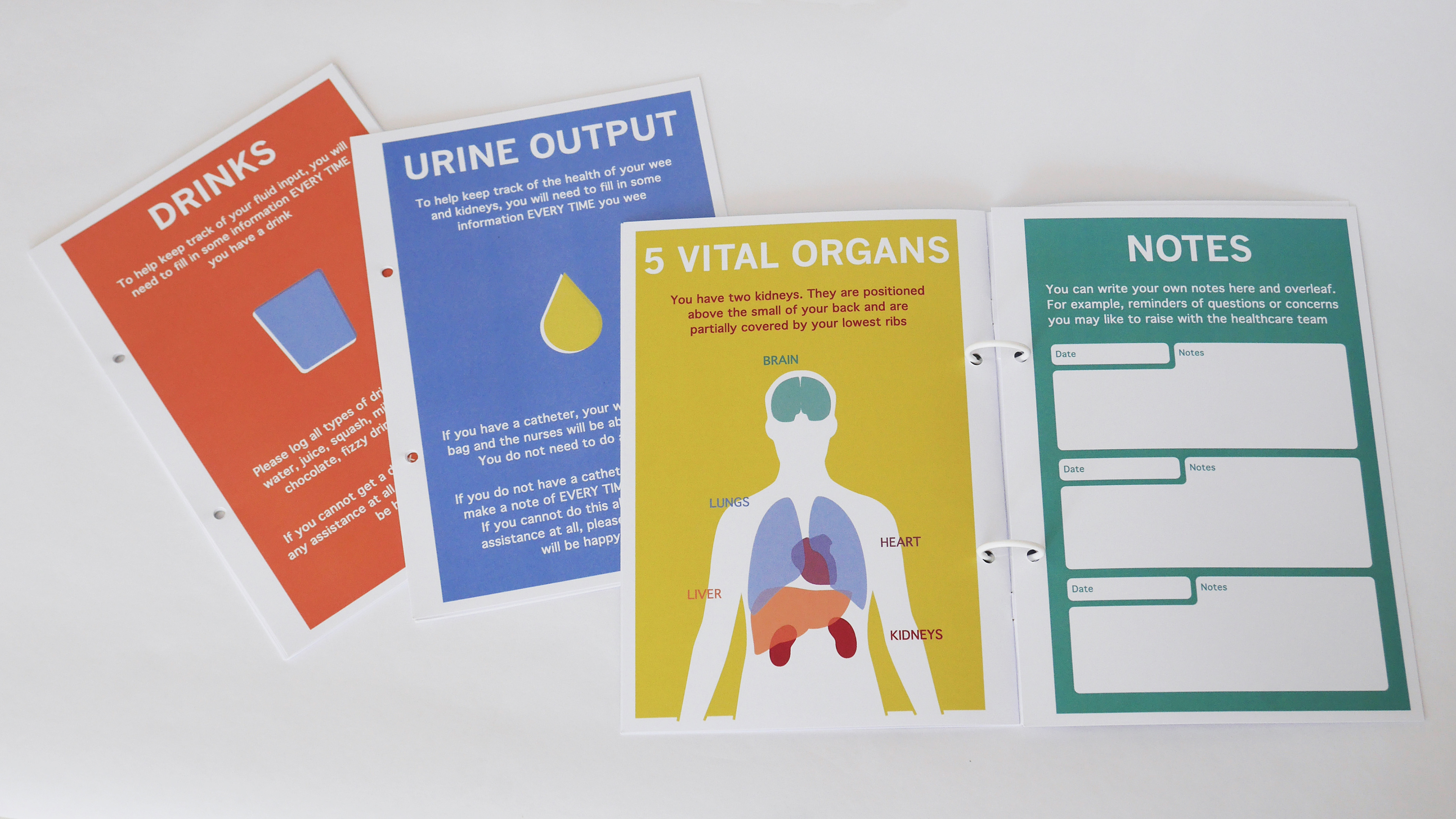 Open pages of Hospital Diary including page showing 5 vital organs.