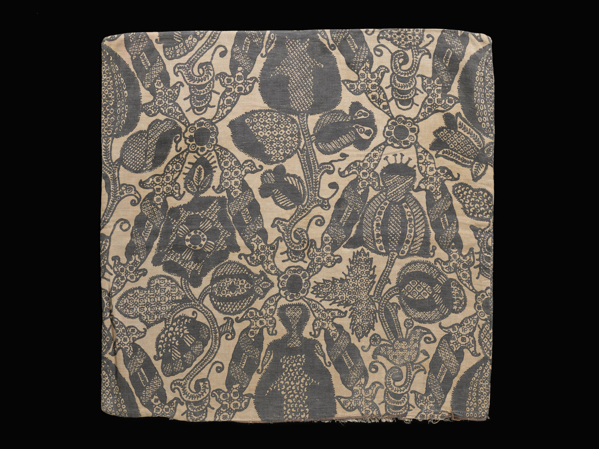 Cushion cover, cotton, Mariano Fortuny/Henriette Nigrin, ca.1922, Venice; stencilled design inspired by blackwork © Victoria and Albert Museum, London