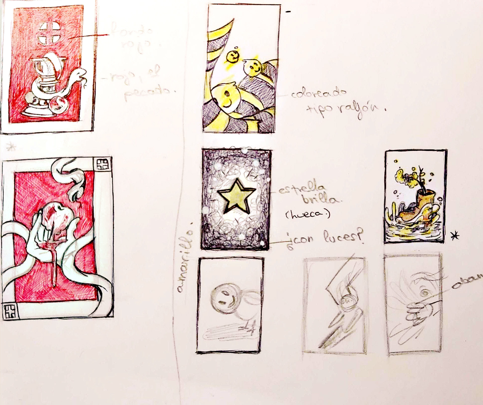 Bocetos de las cartas amarilla y roja.