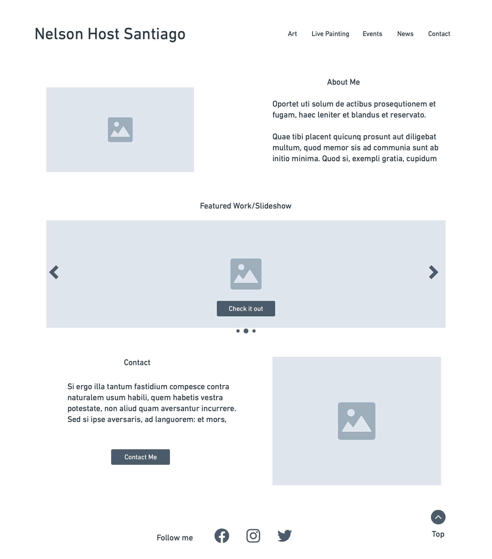 Low-fidelity wireframe for the website. I was looking for a clean design that would make his artwork shine through.