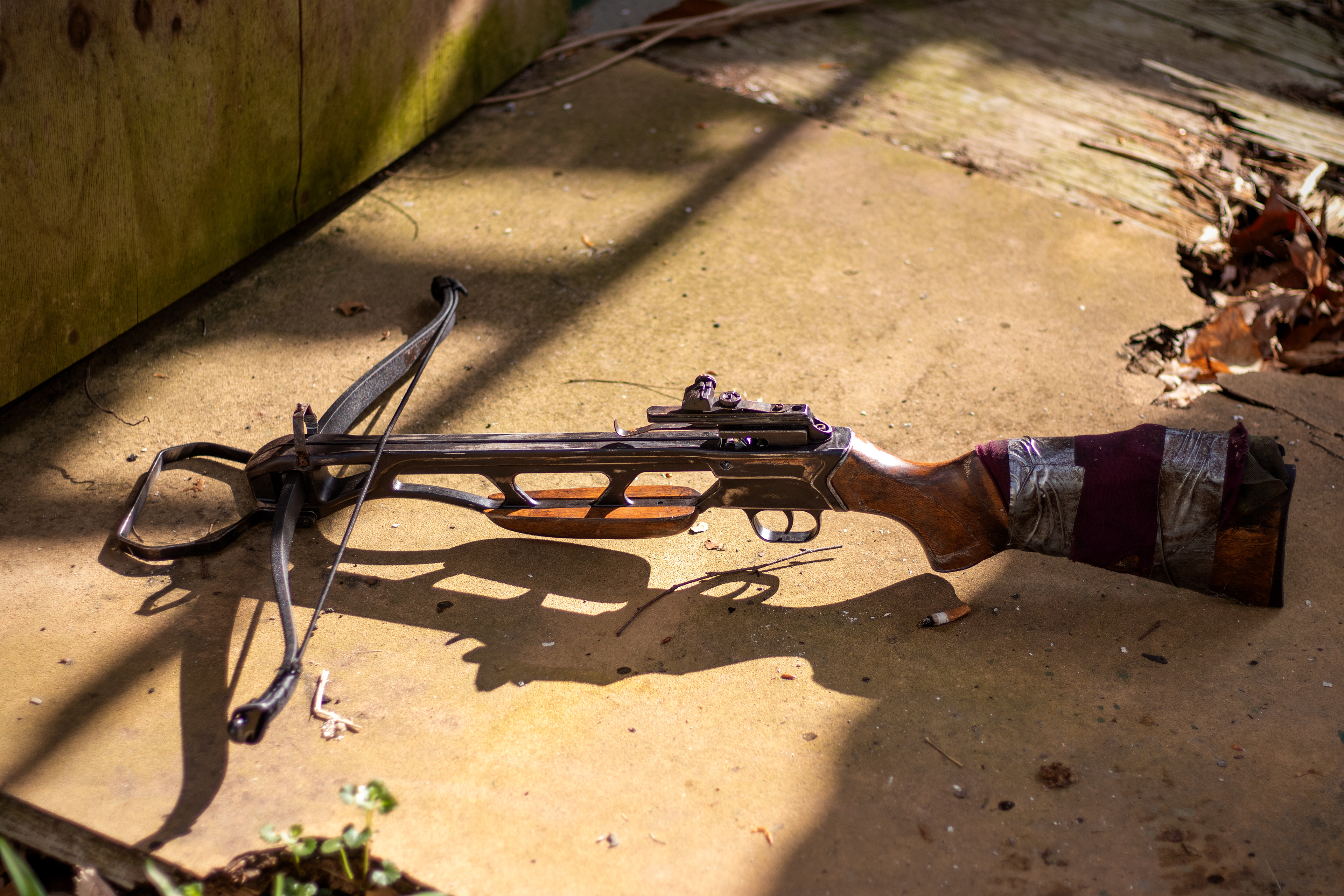 Hanna's Crossbow | Heavily Weathered Crossbow rendered safe with a lightweight elastic string, 3D Printed String Immobilizer, and 3D printed Rubber Arrowheads