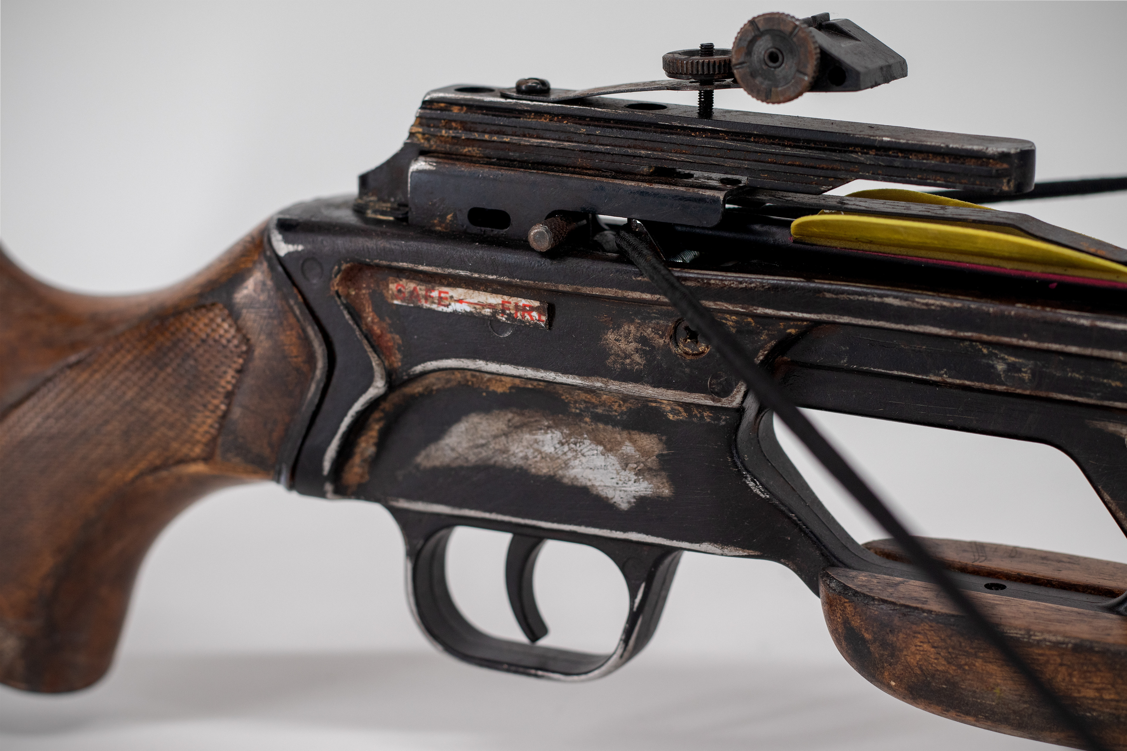 Hanna's Crossbow | Heavily Weathered Crossbow rendered safe with a lightweight elastic string, 3D Printed String Immobilizer, and 3D printed Rubber Arrowheads
