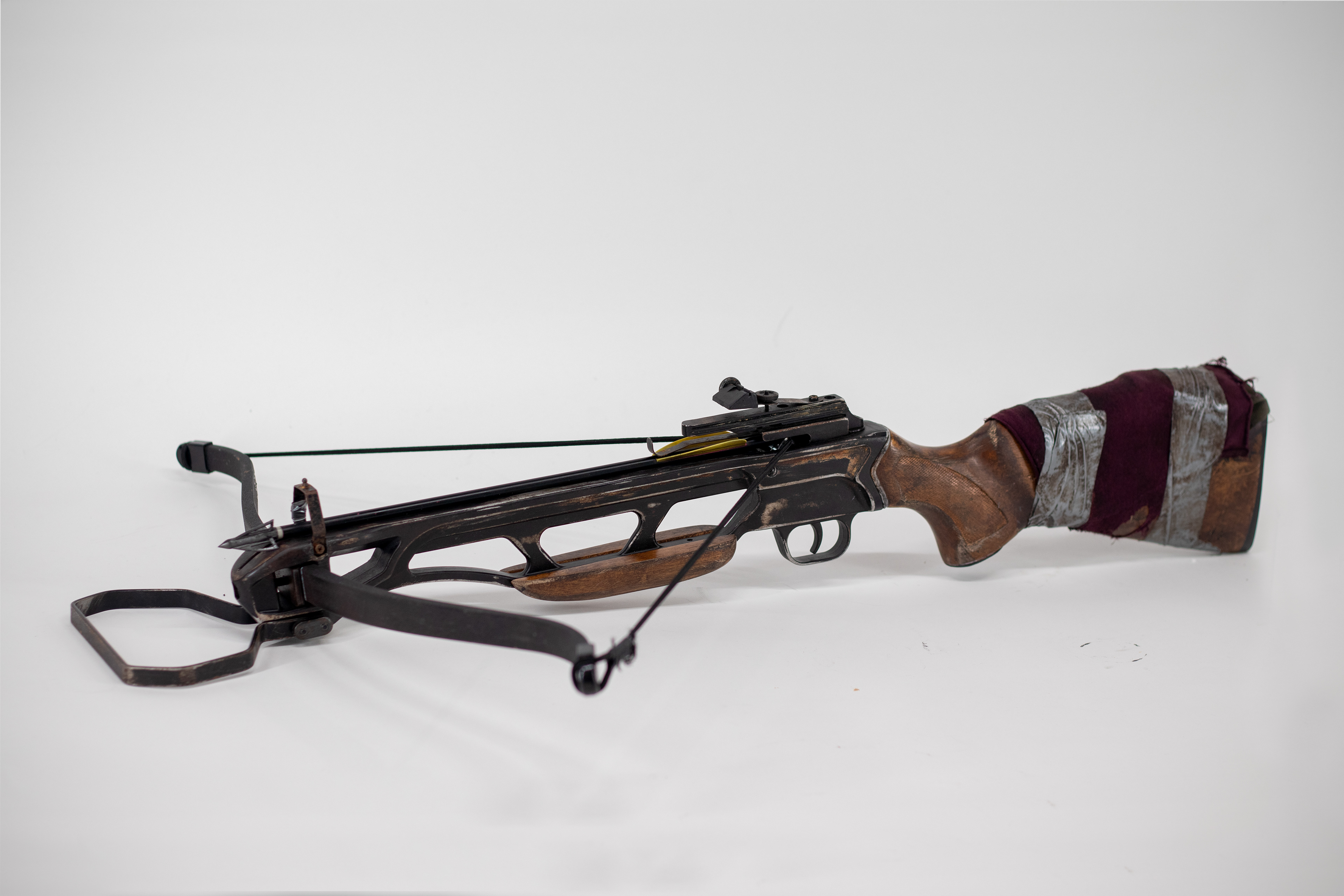 Hanna's Crossbow | Heavily Weathered Crossbow rendered safe with a lightweight elastic string, 3D Printed String Immobilizer, and 3D printed Rubber Arrowheads