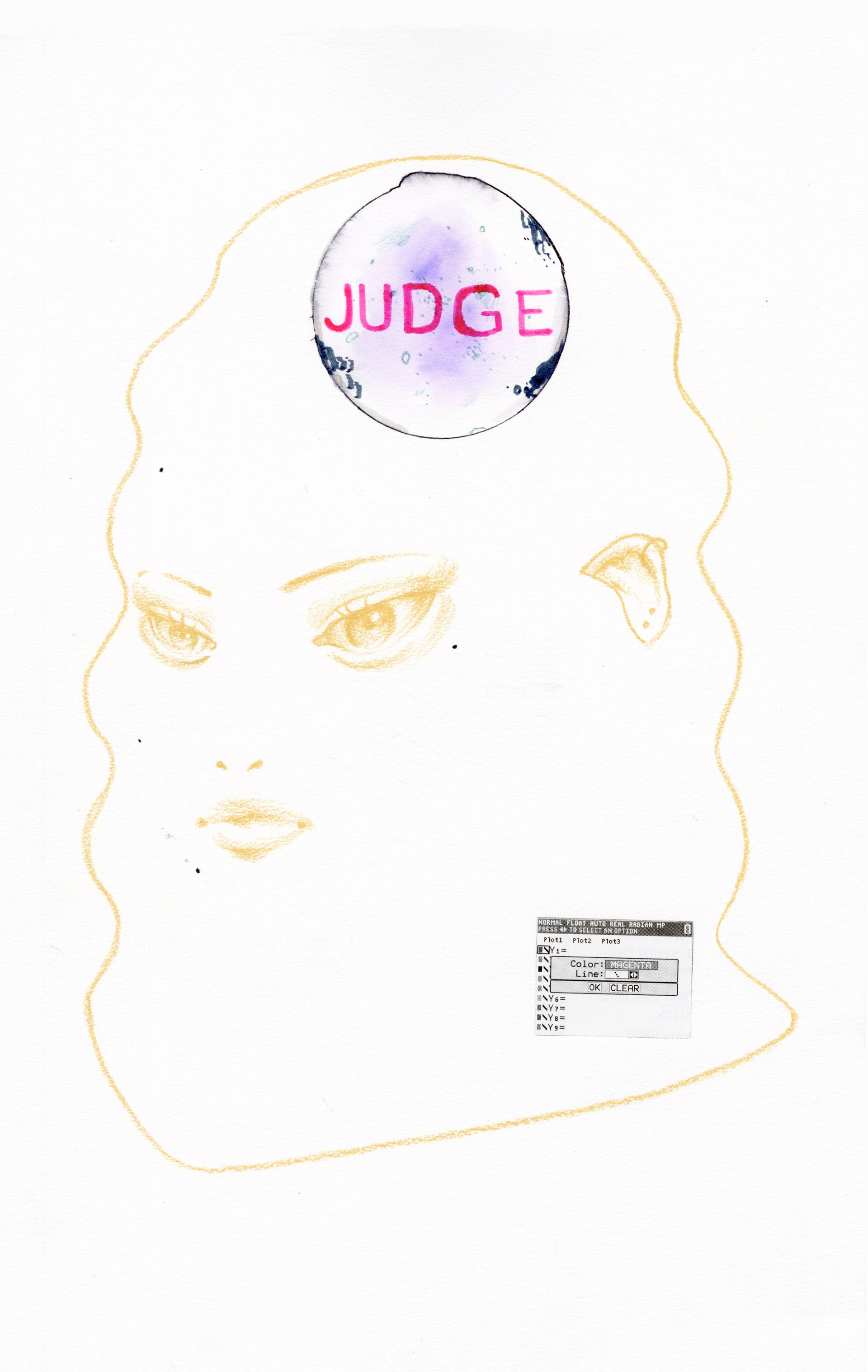 Judge, Colored pencil, marker, and collage on paper, 2024