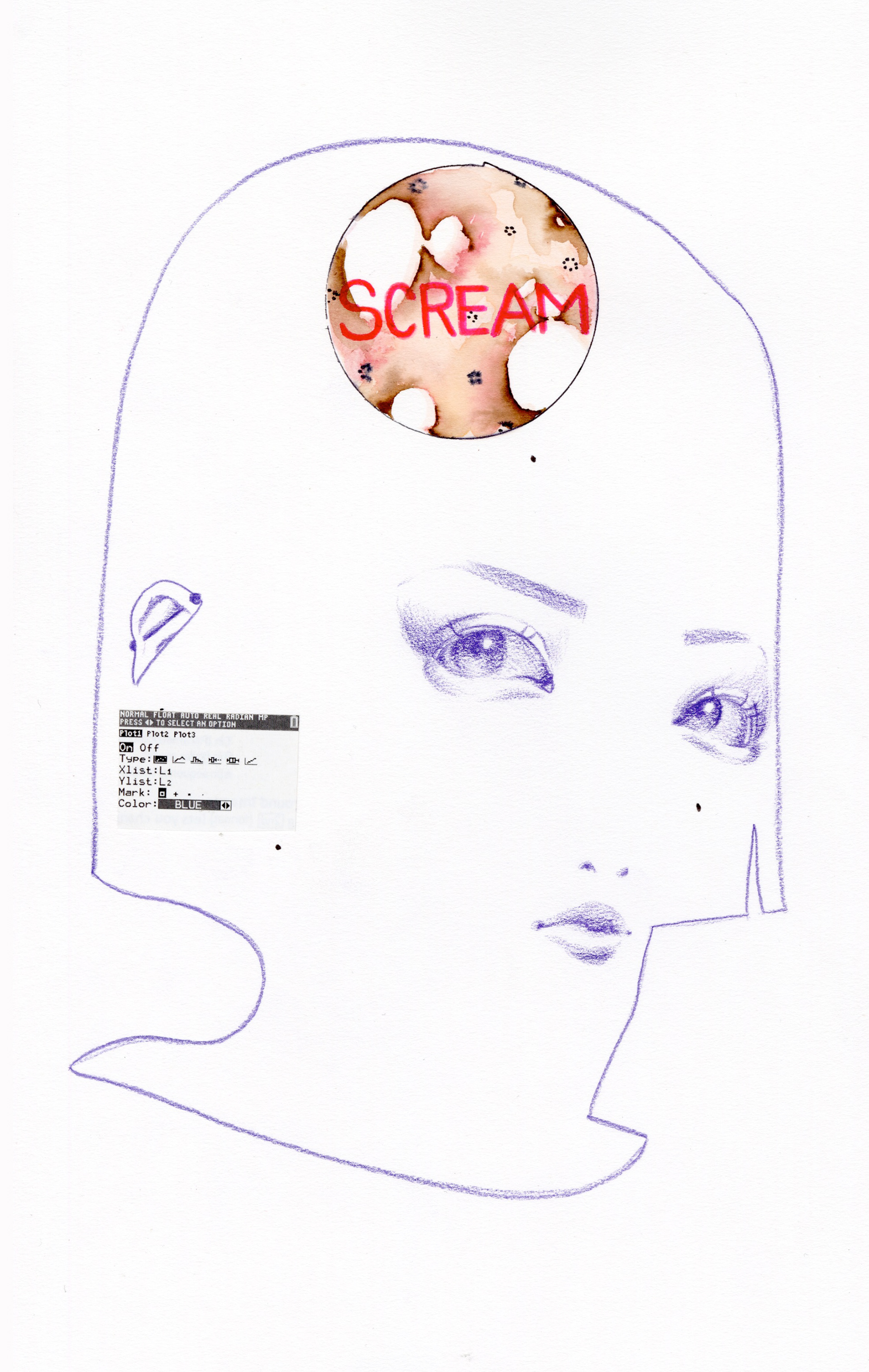 Scream, Colored pencil, marker, and collage on paper, 2024