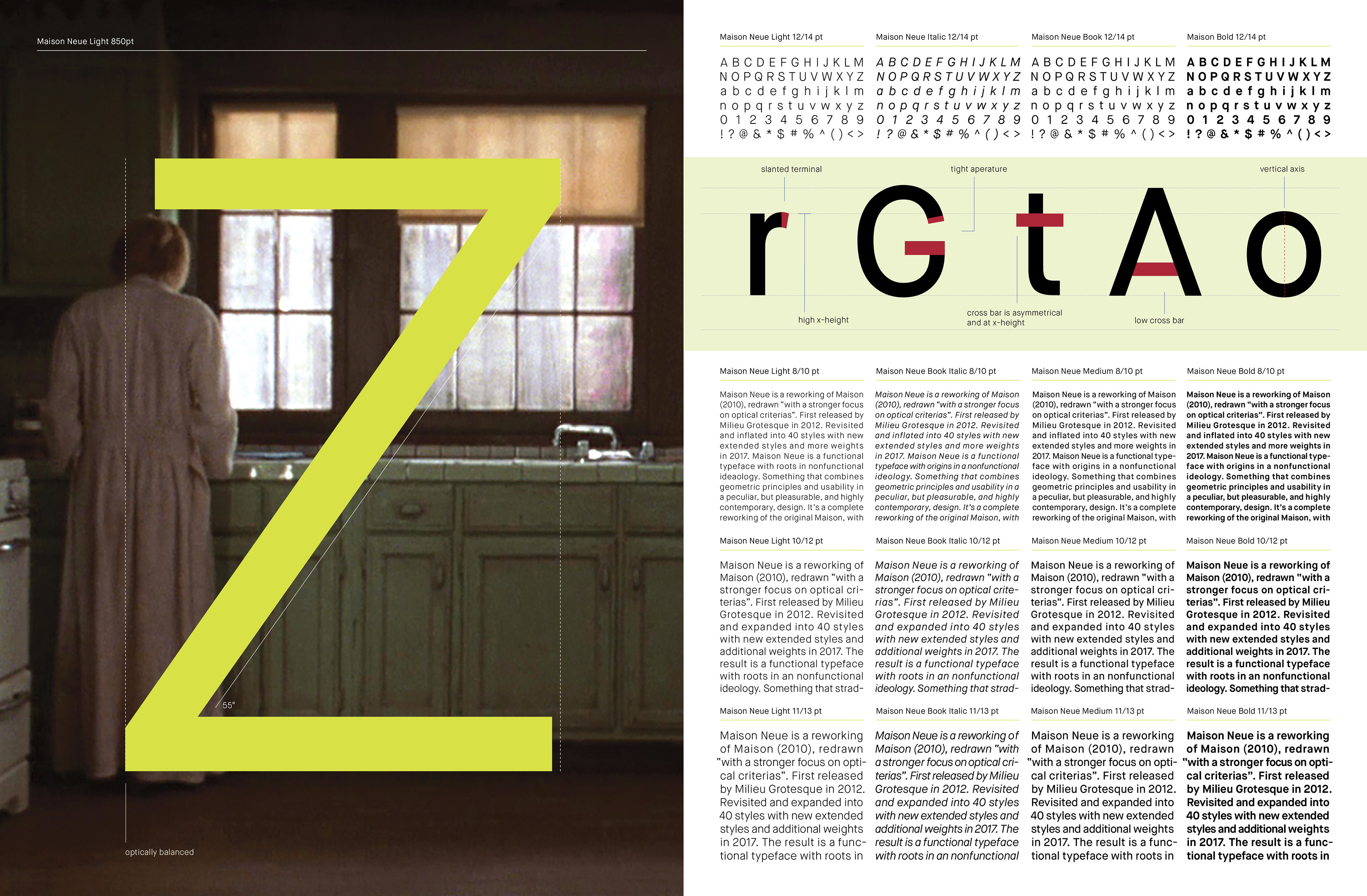 Using a typeface (Maison Neue) and a movie (Mulholland Drive), create a specimen guide that practices sequential design, color, and typography.