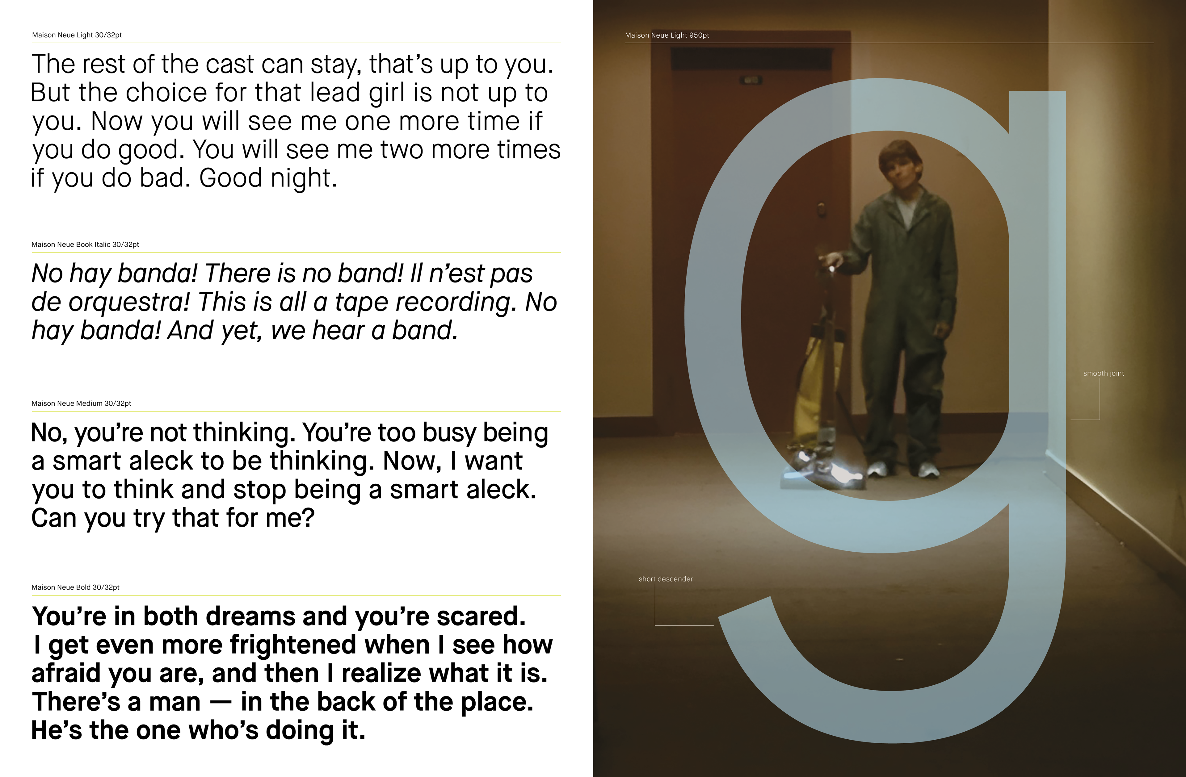 Using a typeface (Maison Neue) and a movie (Mulholland Drive), create a specimen guide that practices sequential design, color, and typography.