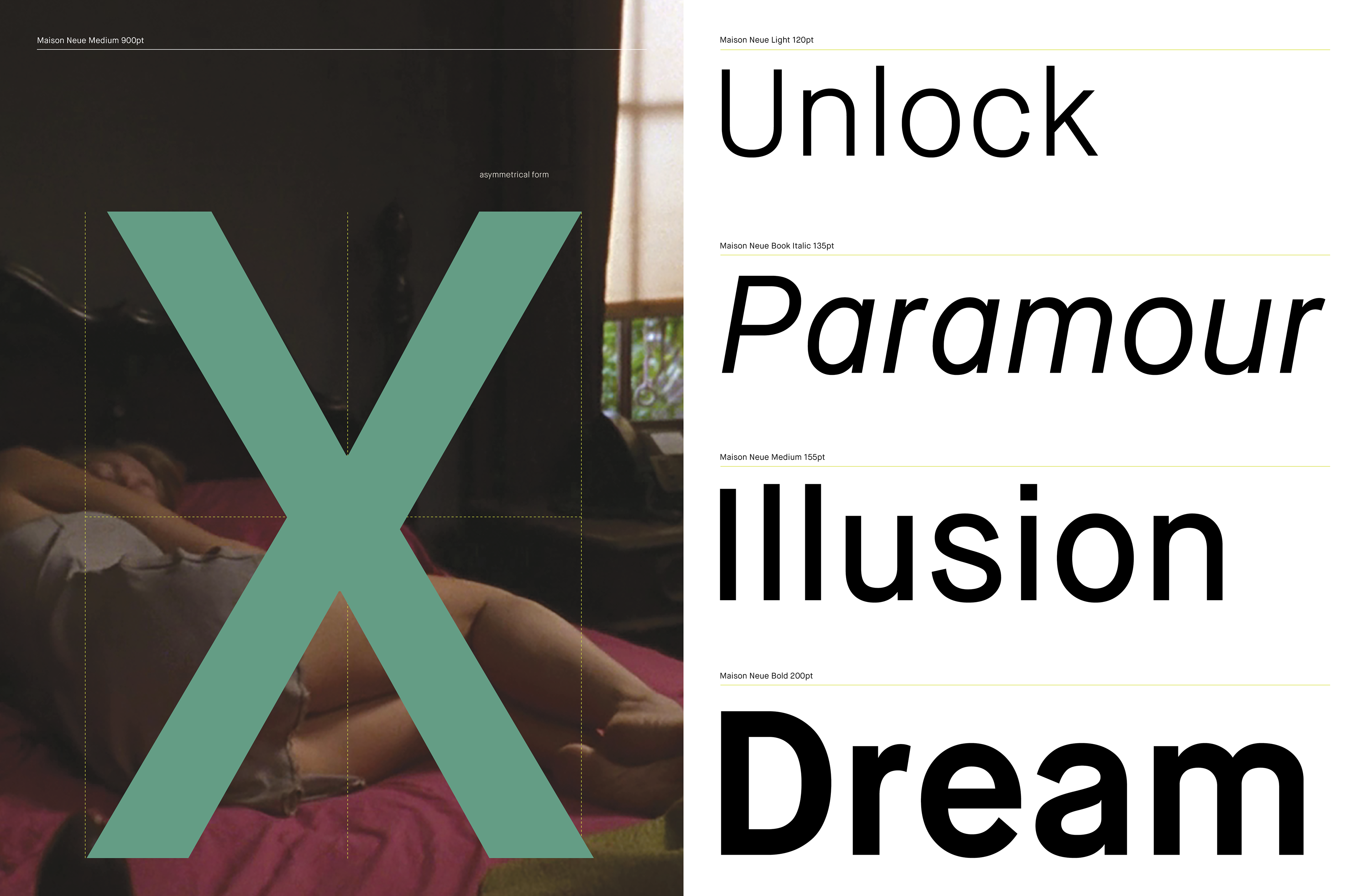Using a typeface (Maison Neue) and a movie (Mulholland Drive), create a specimen guide that practices sequential design, color, and typography.