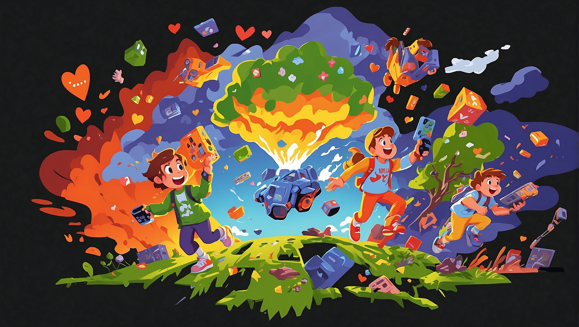 Illustration of children playing together with videogames and running with hearts and green fields, very explosive happy style. Illustration generated by artificial intelligence