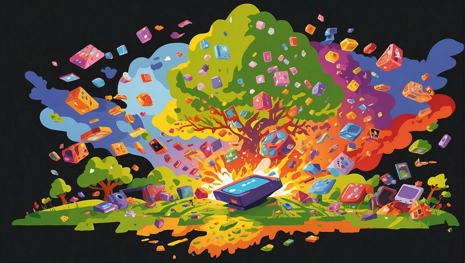 Illustration of trees, gaming consoles, very green, very blue and orange. Illustration generated by artificial intelligence