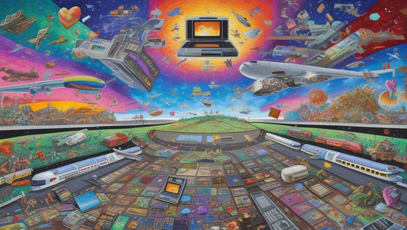 Illustration of airplane, hearts, trains, planet, loads of computer and gaming screens, very orange, purples and looks very hand sketched in style.Illustration generated by artificial intelligence