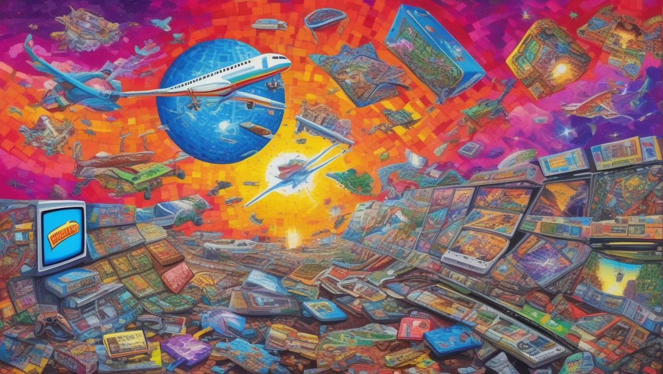Illustration of airplane, planet, loads of computer and gaming screens, very orange, purples and looks very hand sketched in style.Illustration generated by artificial intelligence