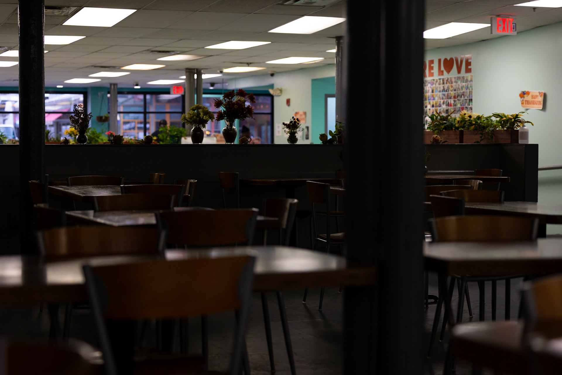 The dining area at Our Daily Bread is quiet and ready for their morning rush. Our Daily Bread’s dining room is often packed with a line of guests waiting to get their home-cooked meals. In 2022, Our Daily Bread served 28,081 dine-in meals alone and 99,739 “on-site hot meals.” These meals are prepared in the kitchen and then served to the guest in the kitchen or through their takeout window. Often, the main food is rotated 3 times a day to keep up with the steady traffic of guests that come to Our Daily Bread on weekdays. Guests are encouraged to revisit the line as many times as they need.