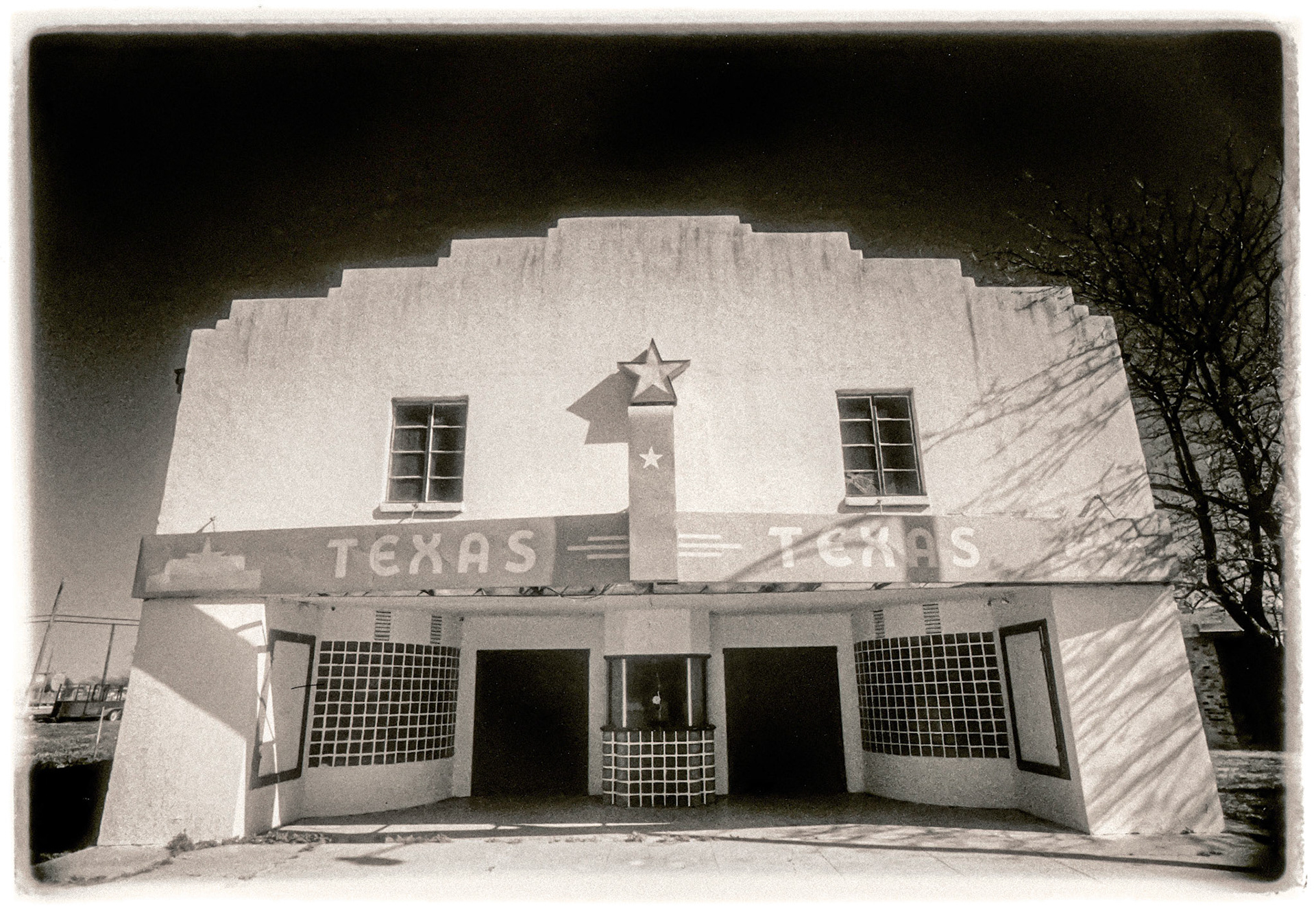 July 8, 2019The "Texas Theatre" in Bronte, TX was built and operated by the Wojtek brothers, who also had the Alamo Theatre in Robert Lee, TX. Both theatres were in continuous operation from at least 1940 until the late-1970’s.This image was shot on a road trip to Big Bend National Park, Texas with my buddy Carl Cory while he was doing a project shooting ghost towns. Sometime in the mid to late 1980's (can't remember the year, can you Carl?).N 31° 53.260 W 100° 17.628