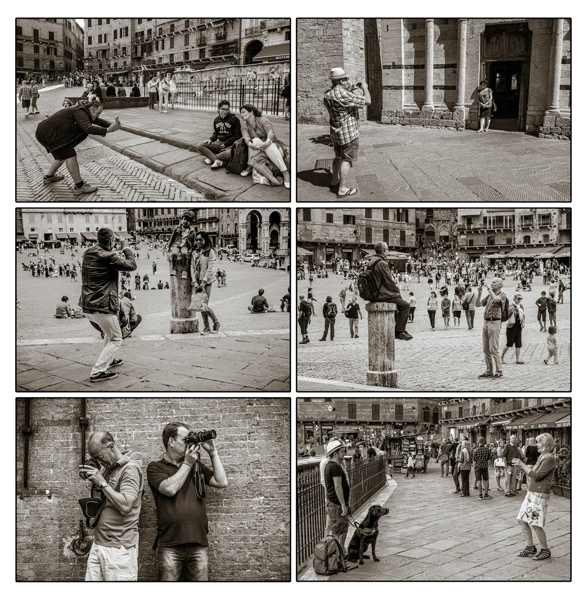 July 8, 2020Amateur photographers shooting tourist snapshots inside the Piazza del Campo in the city center of Siena Italy. This is the center where the annual horse race, the Palio di Siena is run.