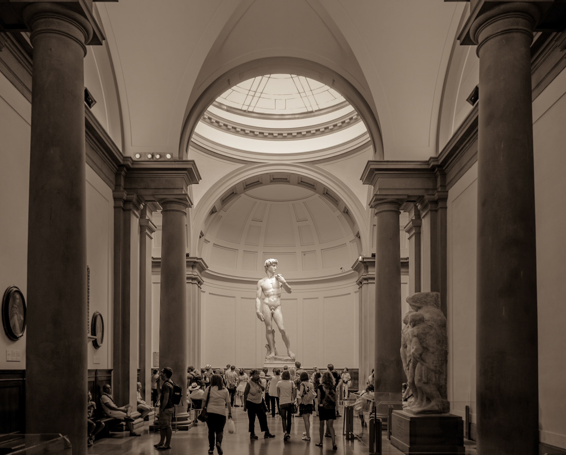 September 21, 2020Michelangelo's David at Galleria dell'Accademia di Firenze, Italy.This was a surreptitious shot during a period that the Accademia Gallery of Florence refused to allow photography. A year later, non flash photography was allowed because it became impossible to keep people from shooting with their camera phones. I sneaked the shot with my little Sony RX 100 held at waist level. My wife figured I would get caught and kicked our of the museum...I didn't :~)
