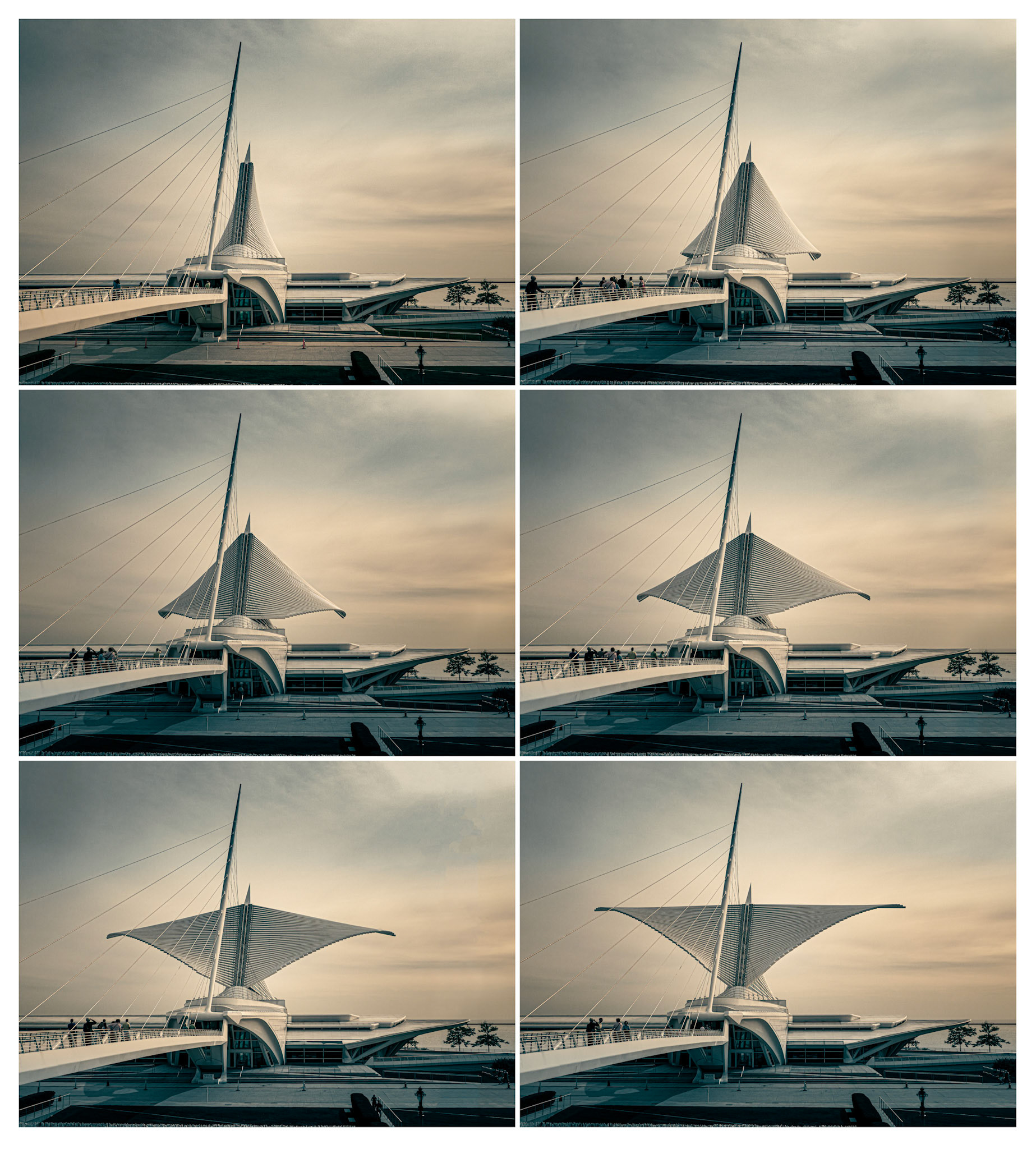 March 13, 2021The opening of the Burke Brise Soleil (“wings”) at the Milwaukee Art Museum.The Burke Brise Soleil is a moveable, wing-like sunscreen that rests on top of the Museum's vaulted, glass-enclosed Windhover Hall in Milwaukee, WI.