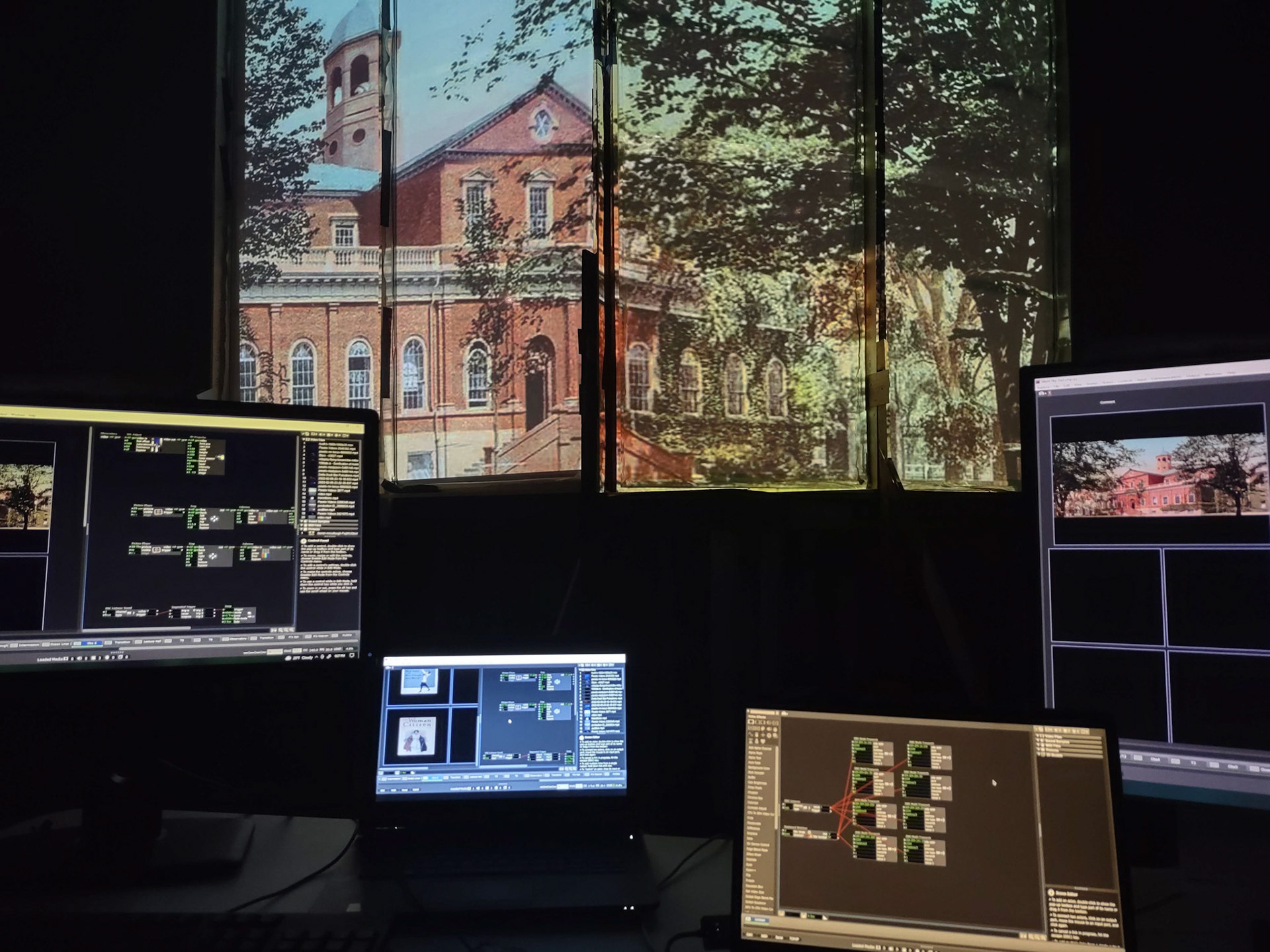 Isadora Software with four computers pushing content to eight projectors