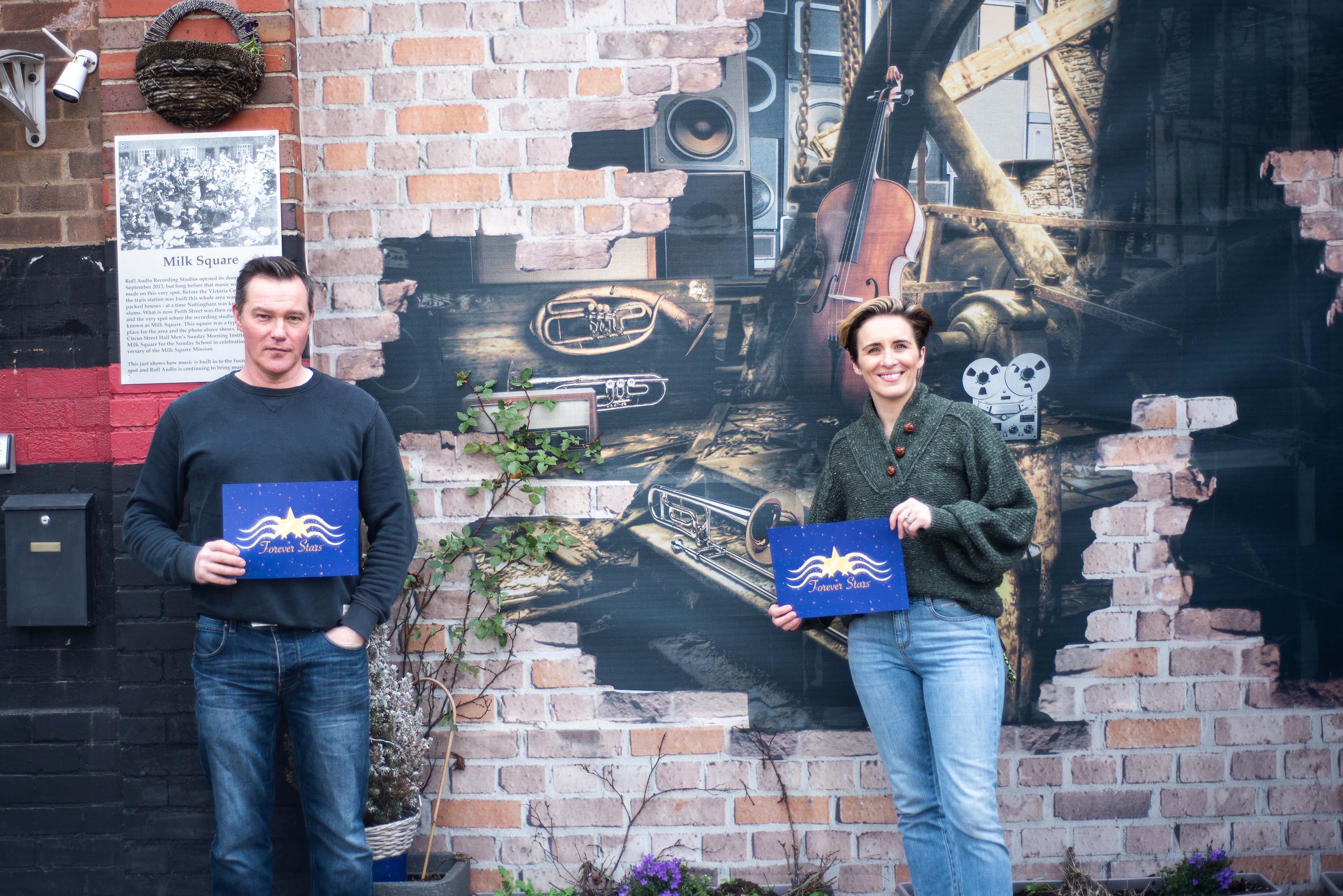Director Rob Sharp and actor Vicky McClure promoting our charity partner, Forever Stars, during pre-production on Good Grief