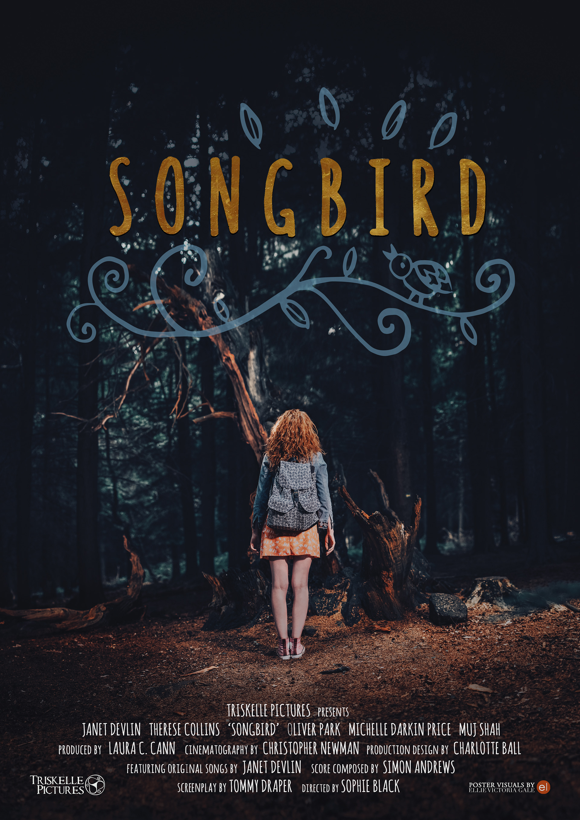 Songbird official poster. Designed by Elly Lucas featuring photography by Ellie Victoria Gale