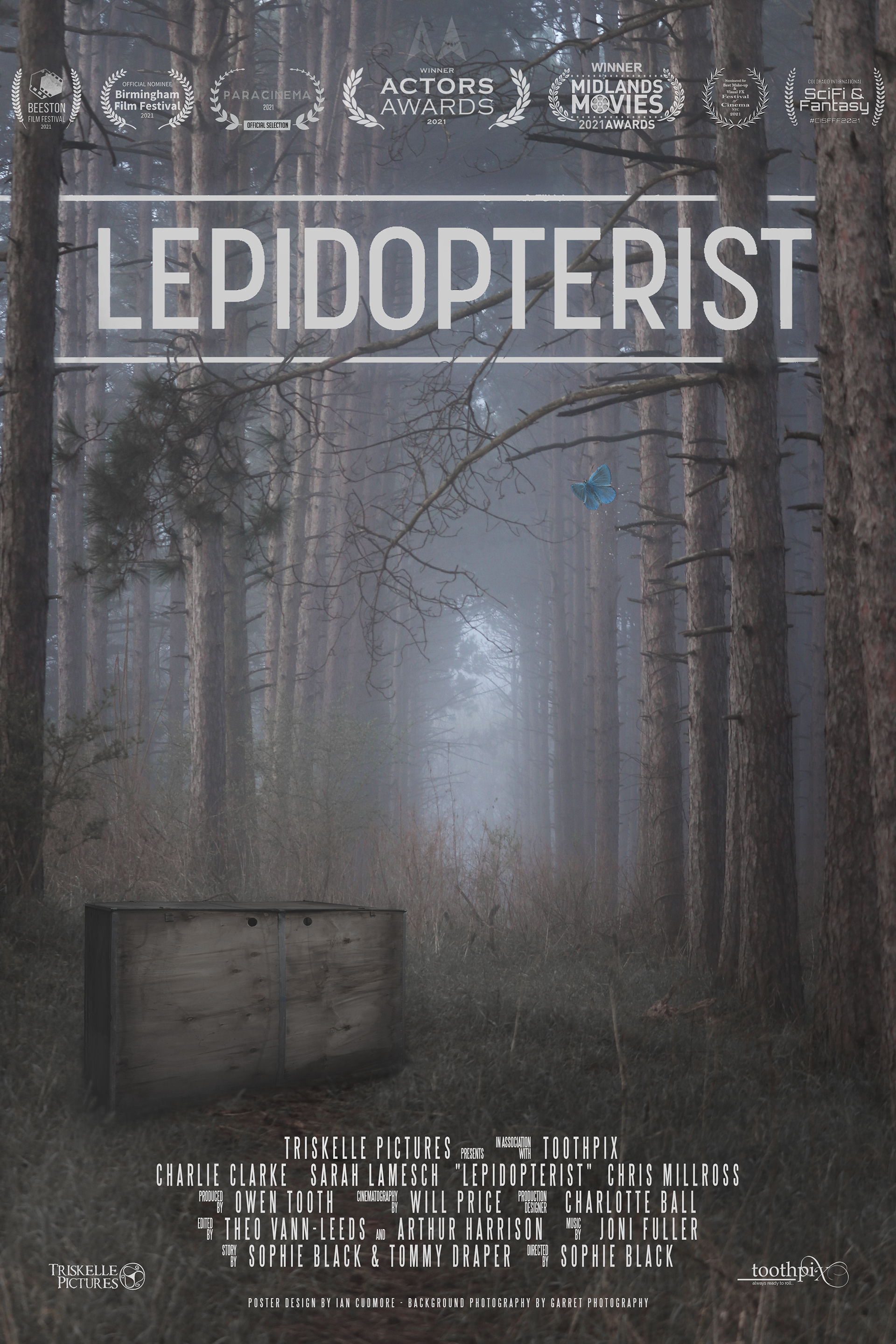 Lepidopterist - Festival Variant Poster. Designed by Ian Cudmore at I C Things photography, featuring background imagery by Garett Dale photography.