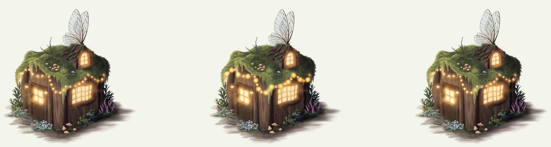 An animation whimsical fantasy fairy house made out of a tree trunk with a moss roof, flashing lights, and a butterfly resting on top
