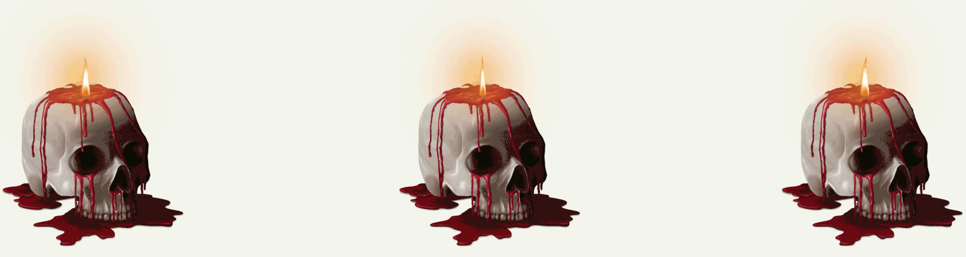 An animation skull candles with red wax flowing out of the top with flickering flames.