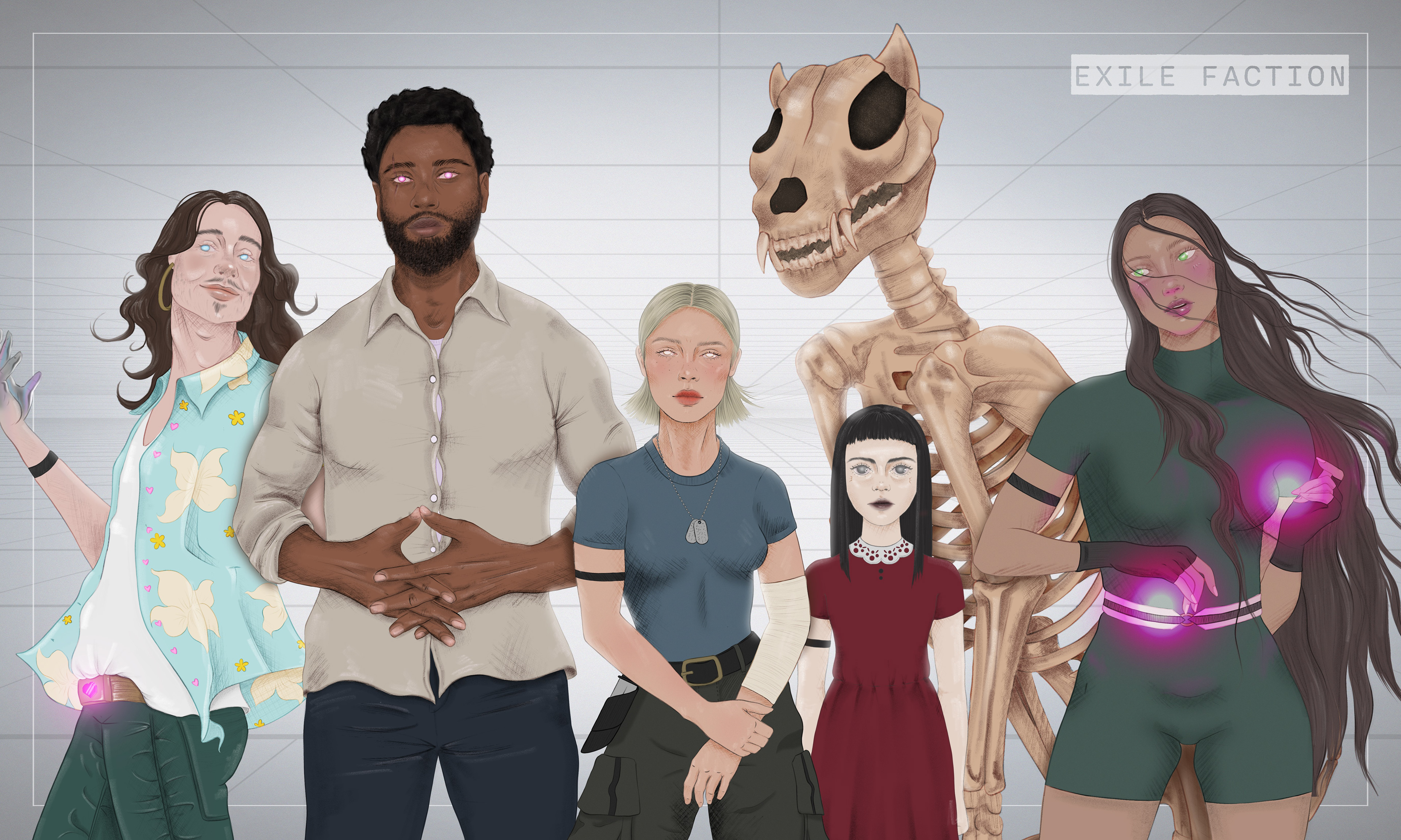 Character concept art of a group of outcast super heroes. A flamboyant man in a hawaiian shirt. A muscular doctor. A short blonde haired military woman. A creepy child with a giant skeleton dog. And a tanned skinned woman with long brown hair.