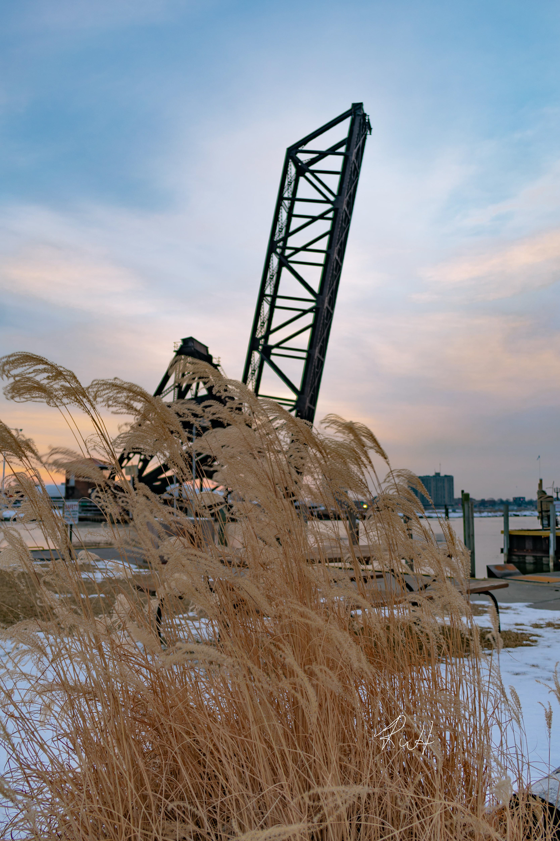 The Pere Marquette train bridge behind grass A-25